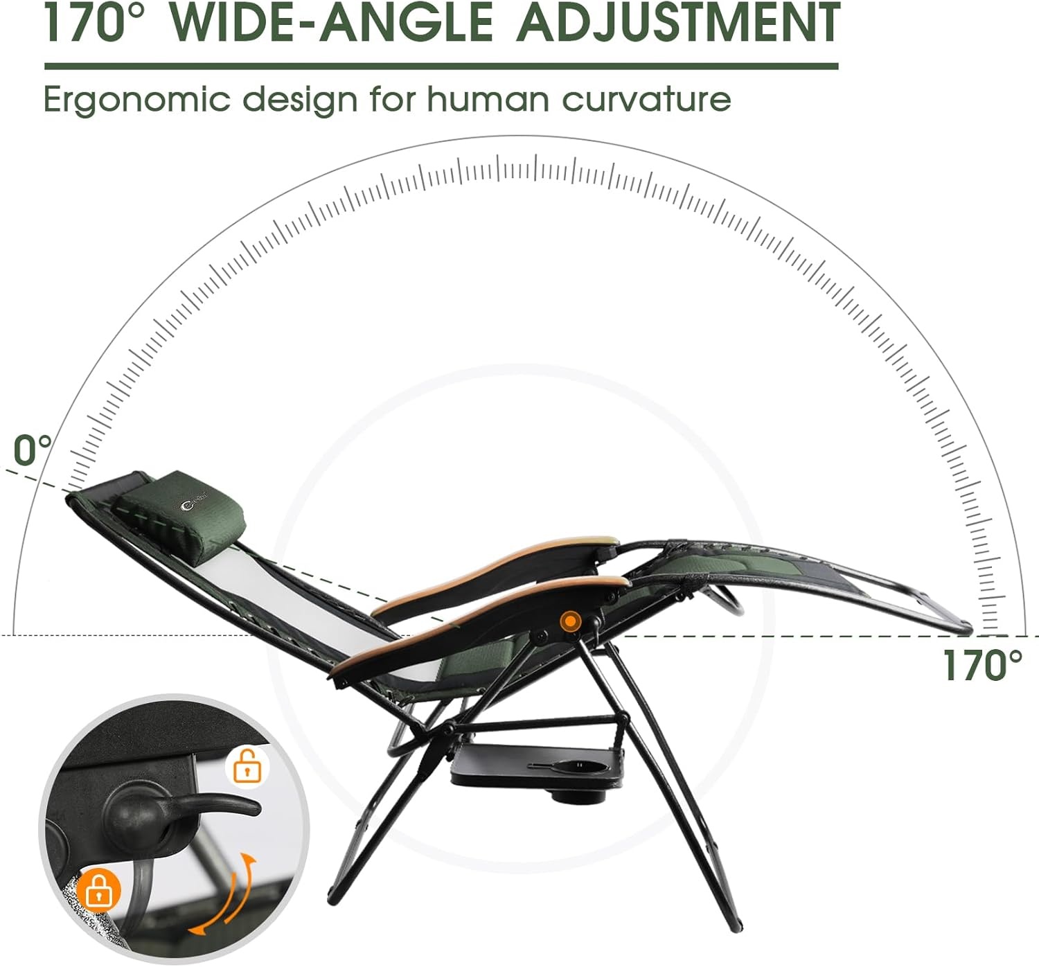 image:imagePortal Portable Zero Gravity Chair Lounge Chair Outdoor Oversized Zero Gravity Chair Folding Lounge Chair with Adjustable Pillows and Cup Holder for Poolside and Lawn Support 350lbs Black 1PackMesh Green