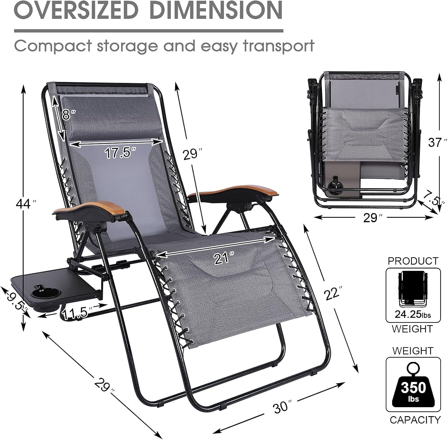 image:imagePortal Portable Zero Gravity Chair Lounge Chair Outdoor Oversized Zero Gravity Chair Folding Lounge Chair with Adjustable Pillows and Cup Holder for Poolside and Lawn Support 350lbs Black 1PackGrey