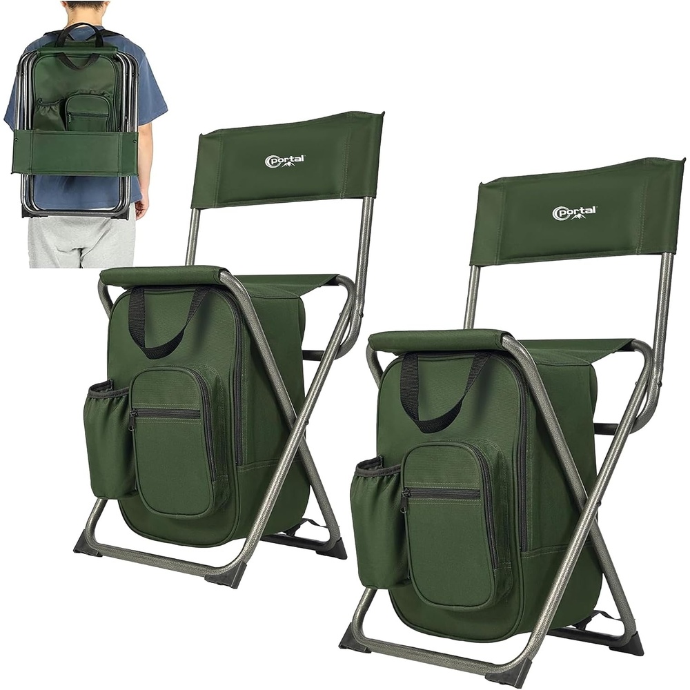 image:imagePortal Backpack Cooler Chair 2 Pack Fishing Chairs with Backrest Folding Camping Stool Compact for Outdoors Hiking Hunting Travel Supports 225 lbs Capacity2 Packgreen