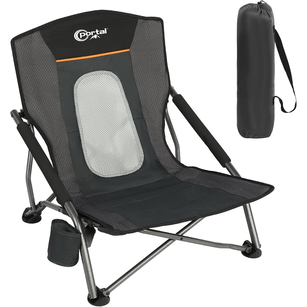 image:imagePortal Beach Chairs for Adults Camping Low Lightweight Portable Chair with Cup Holder Mesh Back Carry Bag for Outdoor Sand Lawn Travel Picnic Festival ConcertBlack