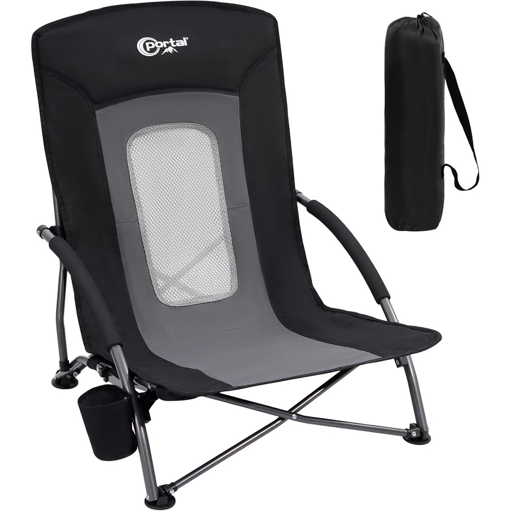 image:imagePortal Beach Chairs for Adults Camping Low Lightweight Portable Chair with Cup Holder Mesh Back Carry Bag for Outdoor Sand Lawn Travel Picnic Festival ConcertBlack1 Pck