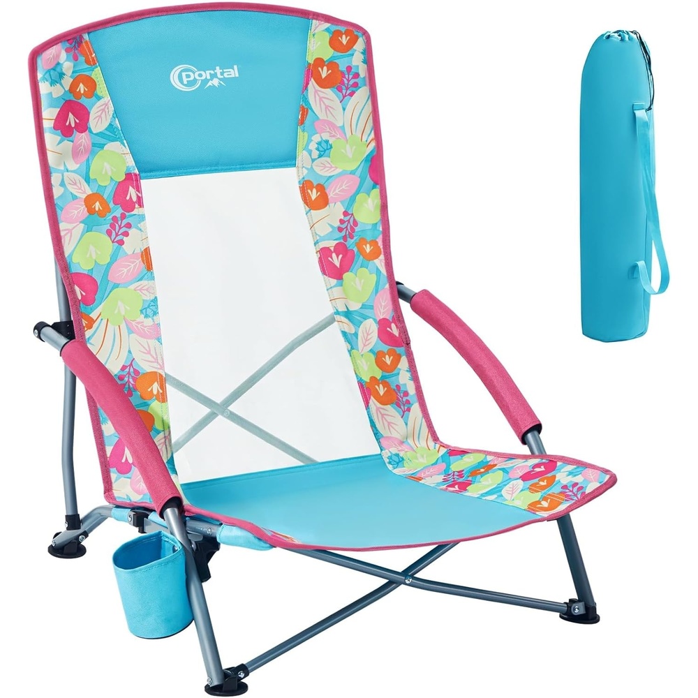 image:imagePortal Beach Chairs for Adults Camping Low Lightweight Portable Chair with Cup Holder Mesh Back Carry Bag for Outdoor Sand Lawn Travel Picnic Festival ConcertFloral1 Pck