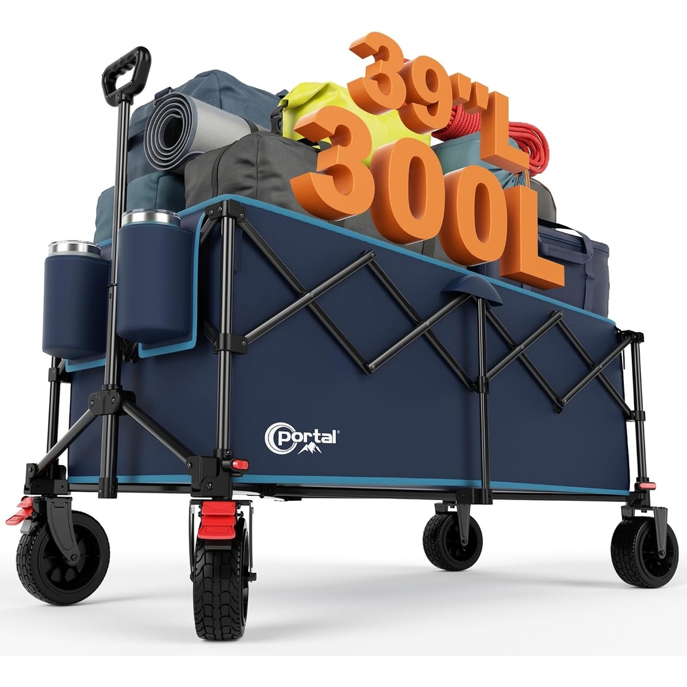 image:imagePortal Collapsible Wagon Cart Foldable Wagon with Big Wheels 300L Extra Large Wagon187lbs Lightweight Utility Wagon Heavy Duty Wagon for Beach Camping Sports Garden BlackBlue