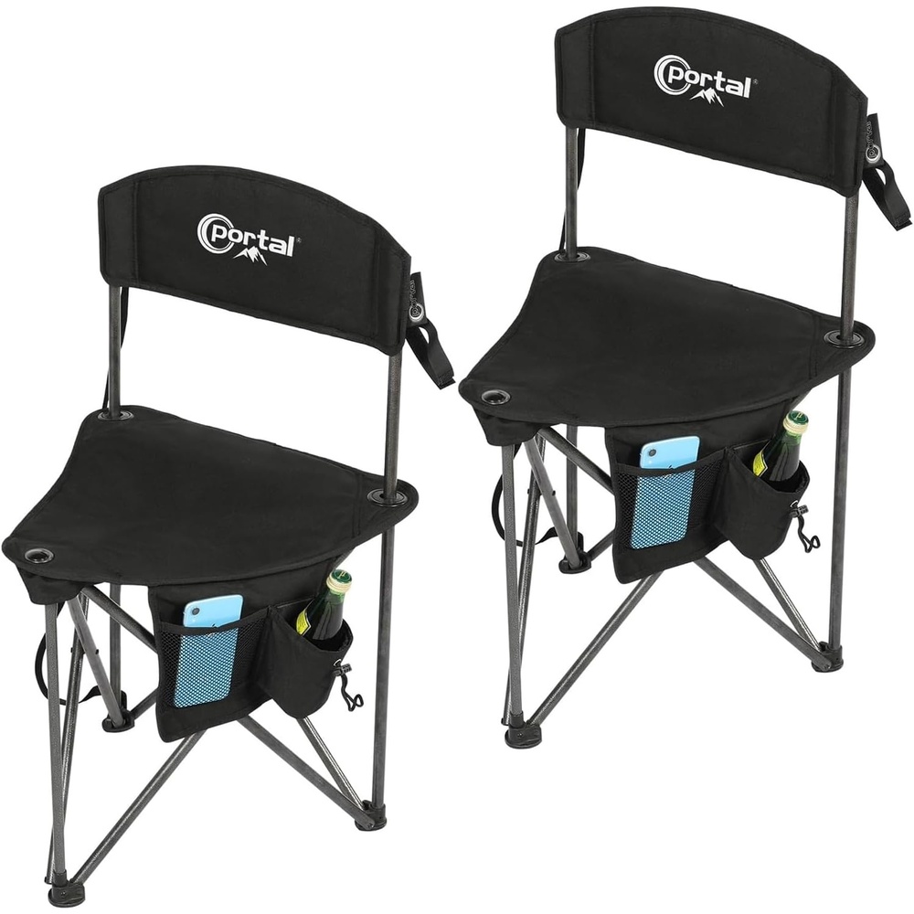 image:imagePortal Extra Large Quick Folding Tripod Stool with Backrest Fishing Camping Chair with Carry Strap2 Pack Black
