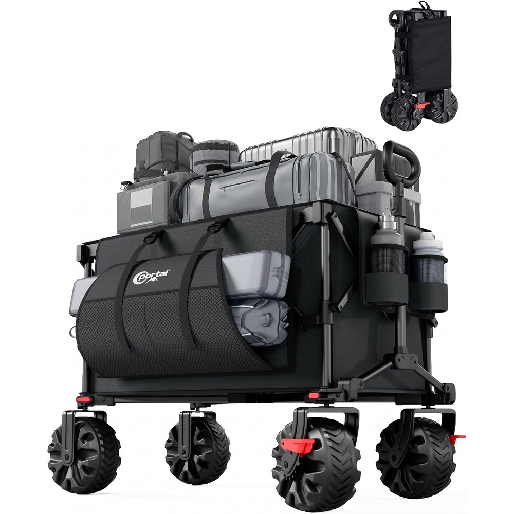 image:imagePortal HeavyDuty Folding Wagon Cart Large Collapsible Utility Wagon with AllTerrain Wheels for Beach Camping Garden amp GroceryBlack