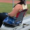 PORTAL Folding Cup Holder Armrest Stadium Seats for Adults, Foldable Portable Stadium Seats Bleachers Benches Chair with Back Support and Cushion Wide, Grey+Red+Black