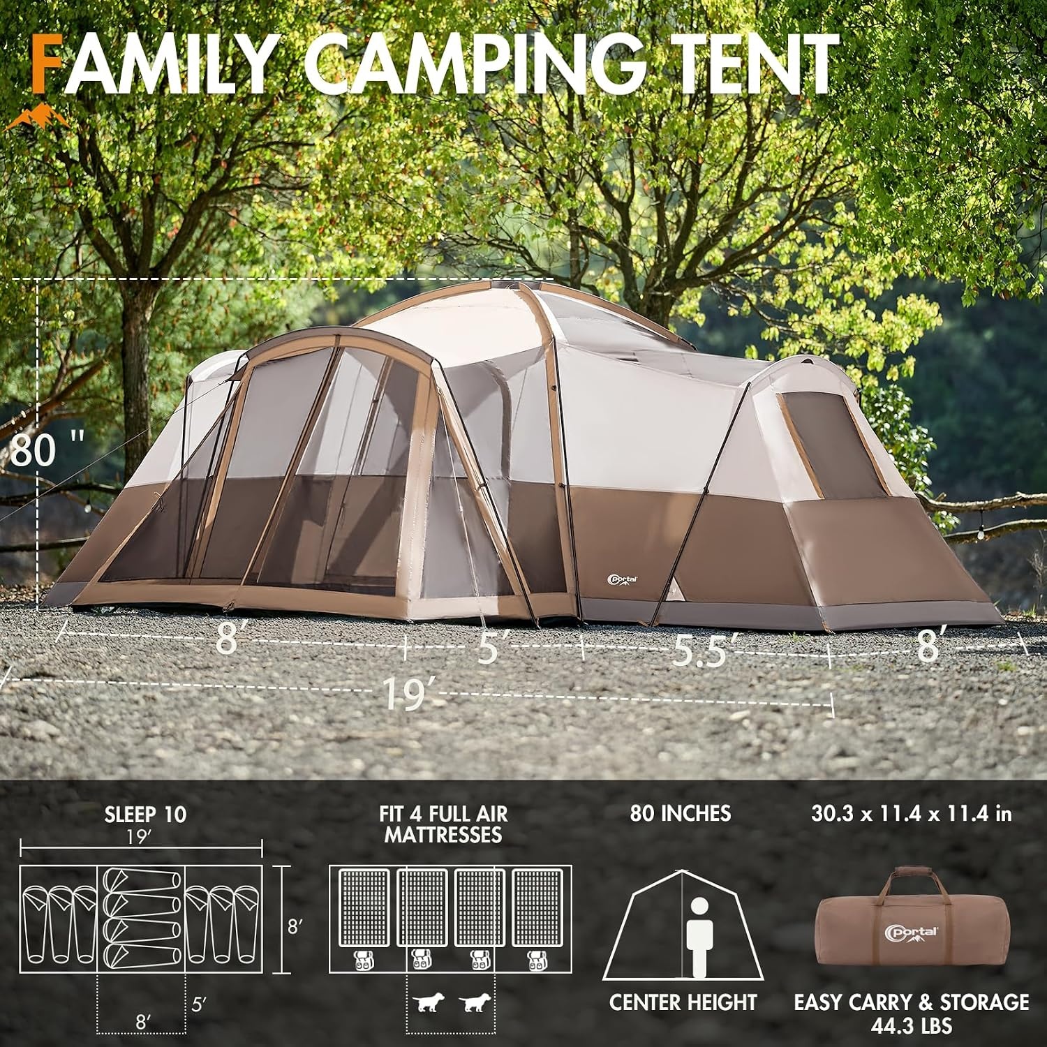 image:imagePORTAL 6810 Person Family Camping Tent with Screen Room Water Resistant Big Tunnel Tents with Rainfly Large Family Tent for Camping Outdoor PatioBrown