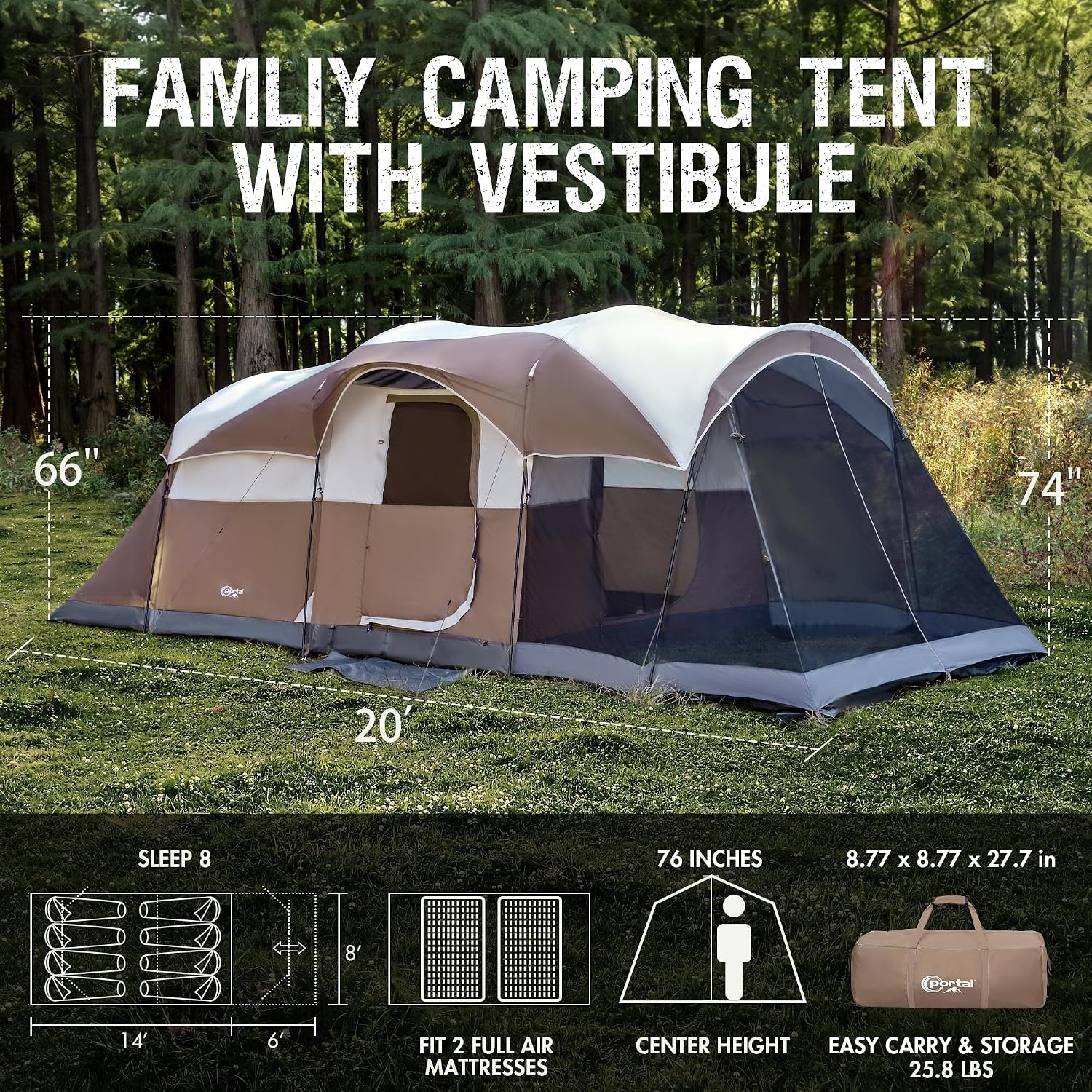 image:imagePORTAL 6810 Person Family Camping Tent with Screen Room Water Resistant Big Tunnel Tents with Rainfly Large Family Tent for Camping Outdoor PatioBrown