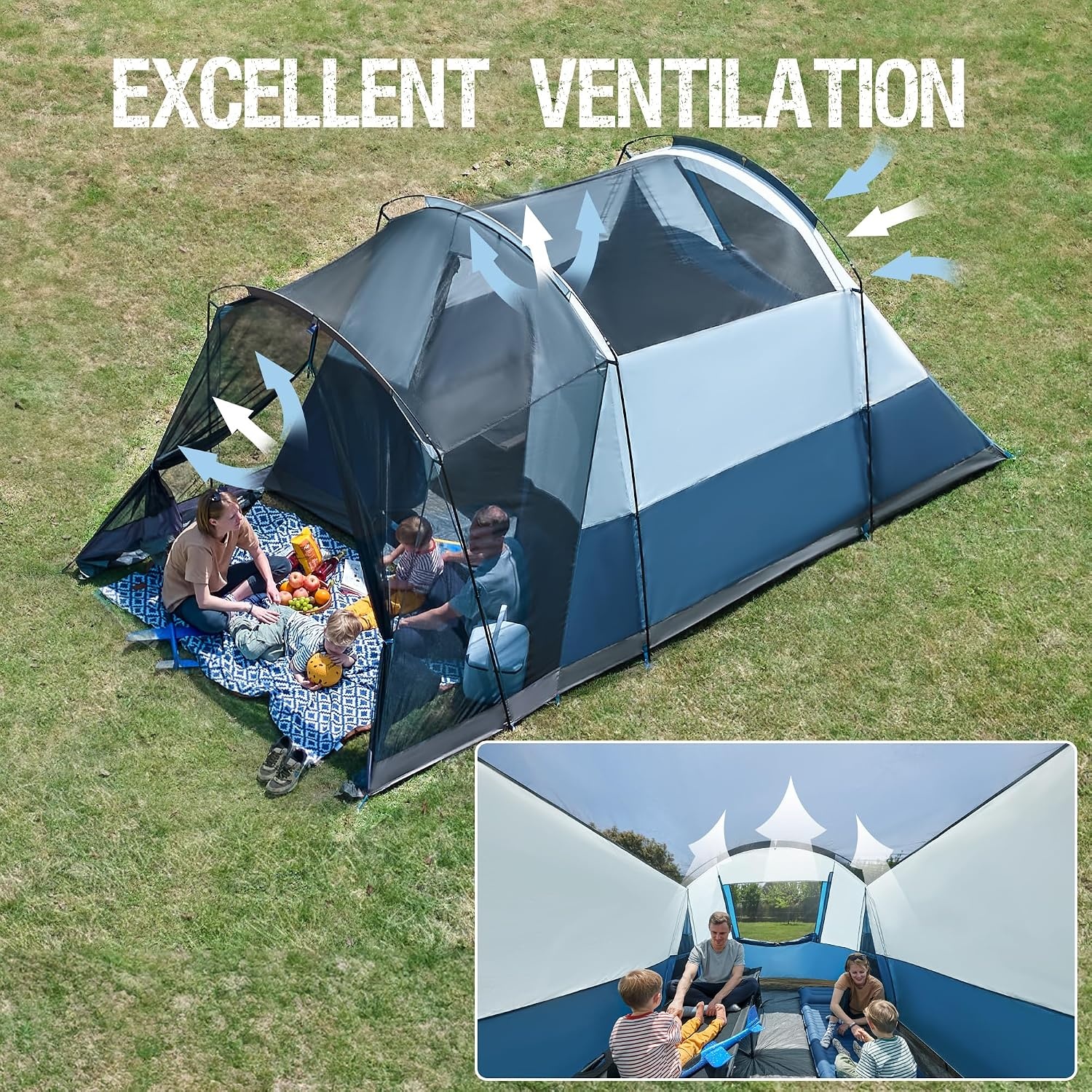 image:imagePORTAL 6810 Person Family Camping Tent with Screen Room Water Resistant Big Tunnel Tents with Rainfly Large Family Tent for Camping Outdoor PatioDark Blue