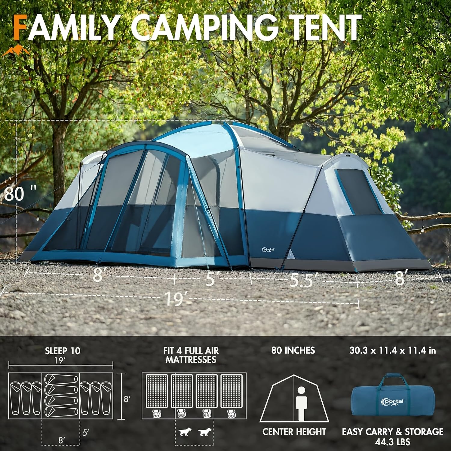 image:imagePORTAL 6810 Person Family Camping Tent with Screen Room Water Resistant Big Tunnel Tents with Rainfly Large Family Tent for Camping Outdoor PatioDark Blue
