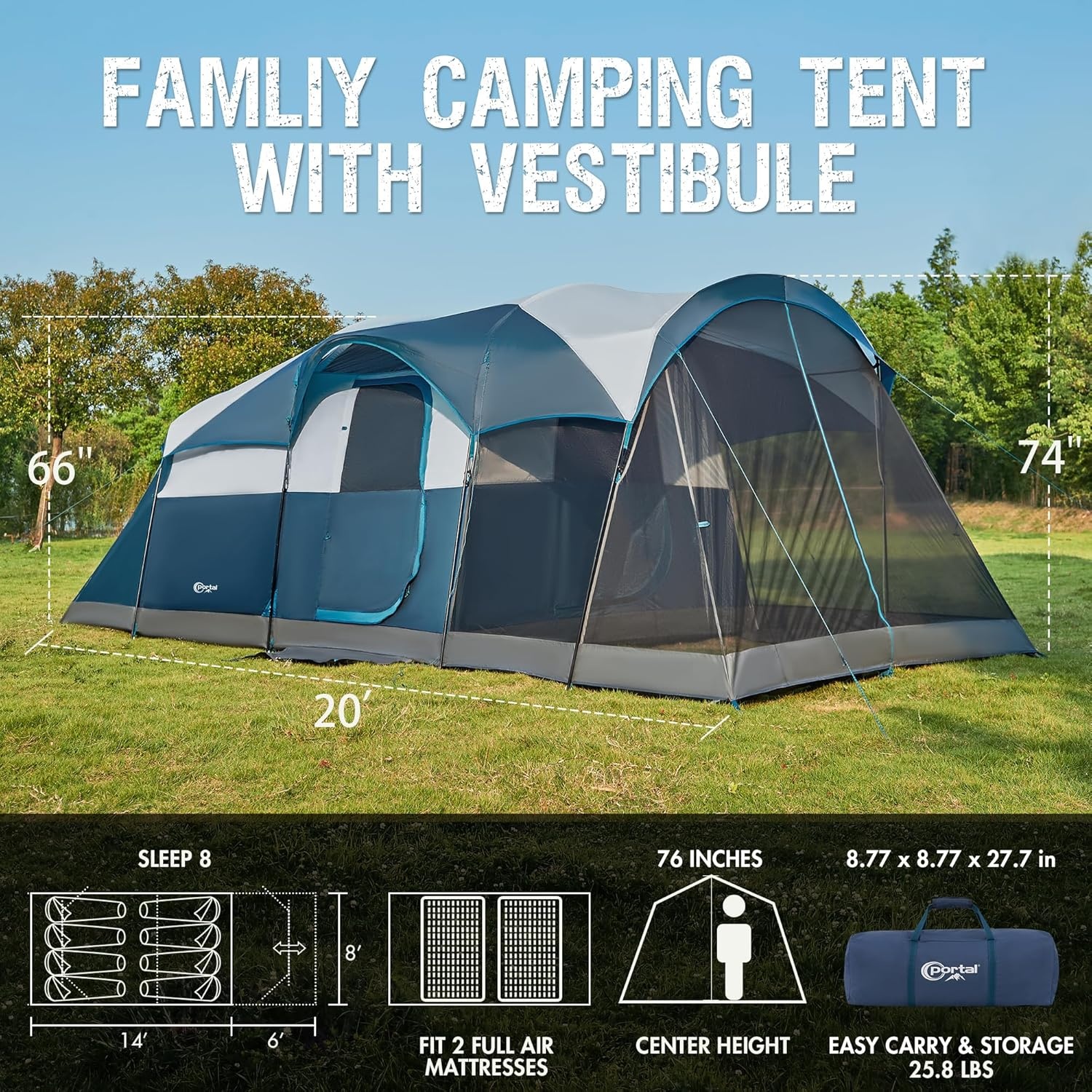image:imagePORTAL 6810 Person Family Camping Tent with Screen Room Water Resistant Big Tunnel Tents with Rainfly Large Family Tent for Camping Outdoor PatioDark Blue