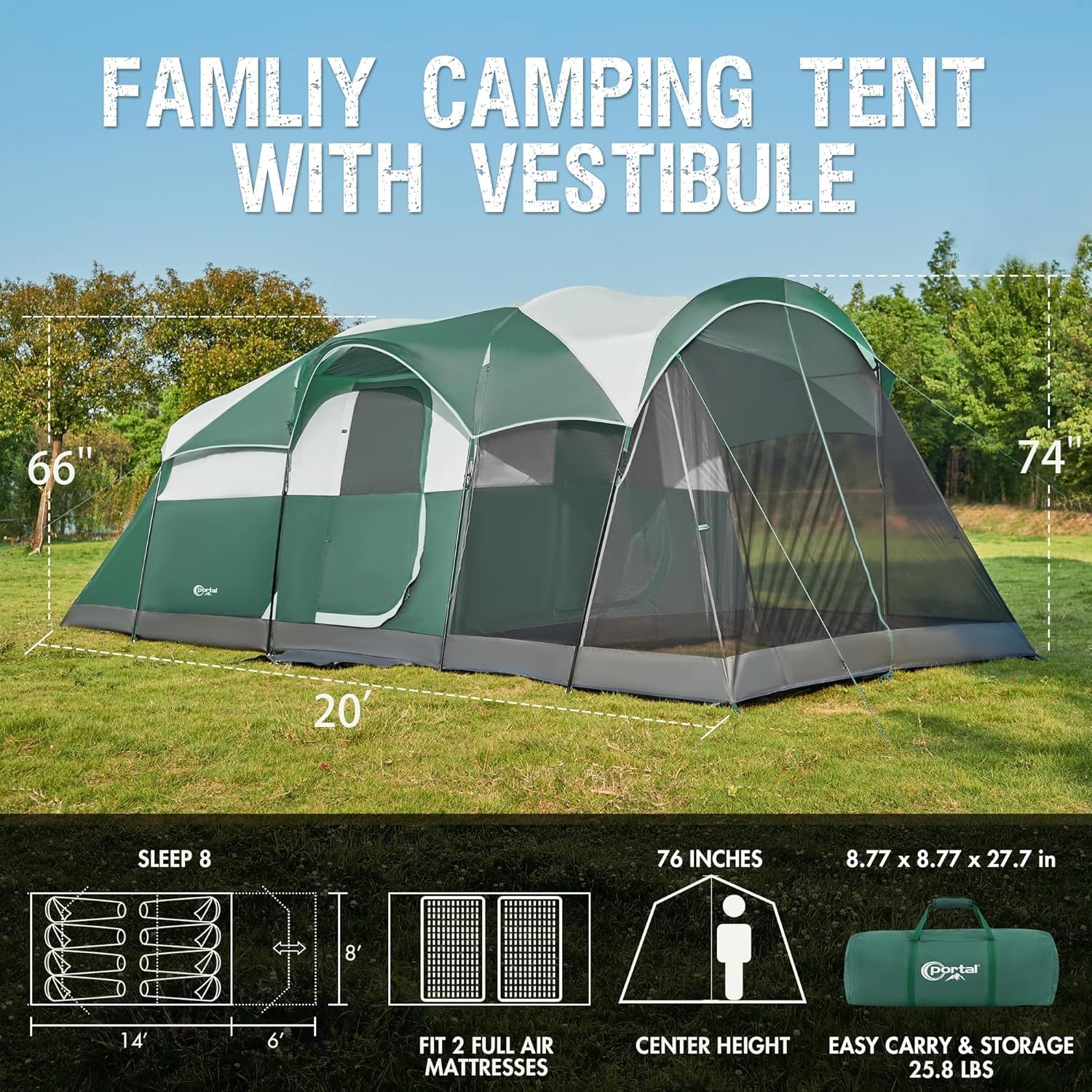 image:imagePORTAL 6810 Person Family Camping Tent with Screen Room Water Resistant Big Tunnel Tents with Rainfly Large Family Tent for Camping Outdoor PatioGreen