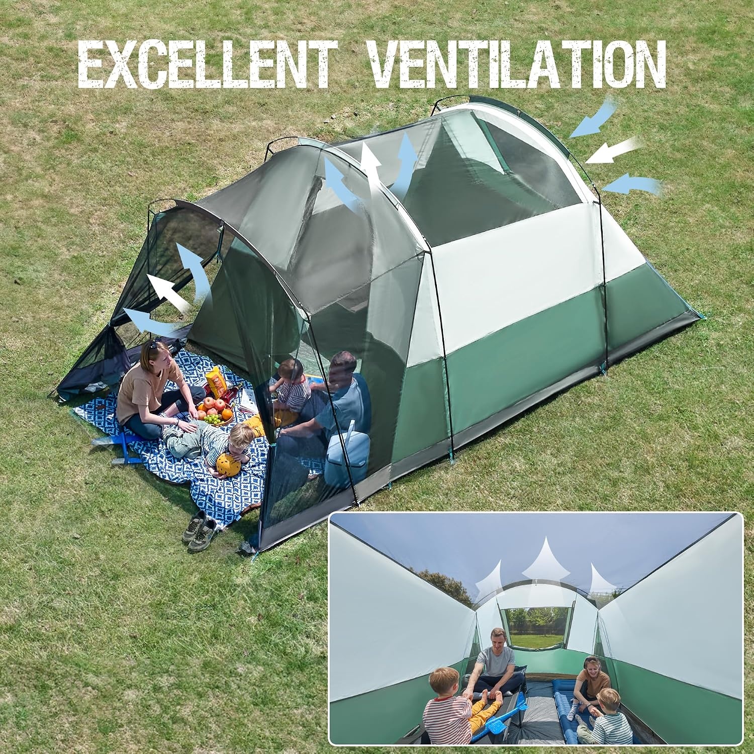 image:imagePORTAL 6810 Person Family Camping Tent with Screen Room Water Resistant Big Tunnel Tents with Rainfly Large Family Tent for Camping Outdoor PatioGreen