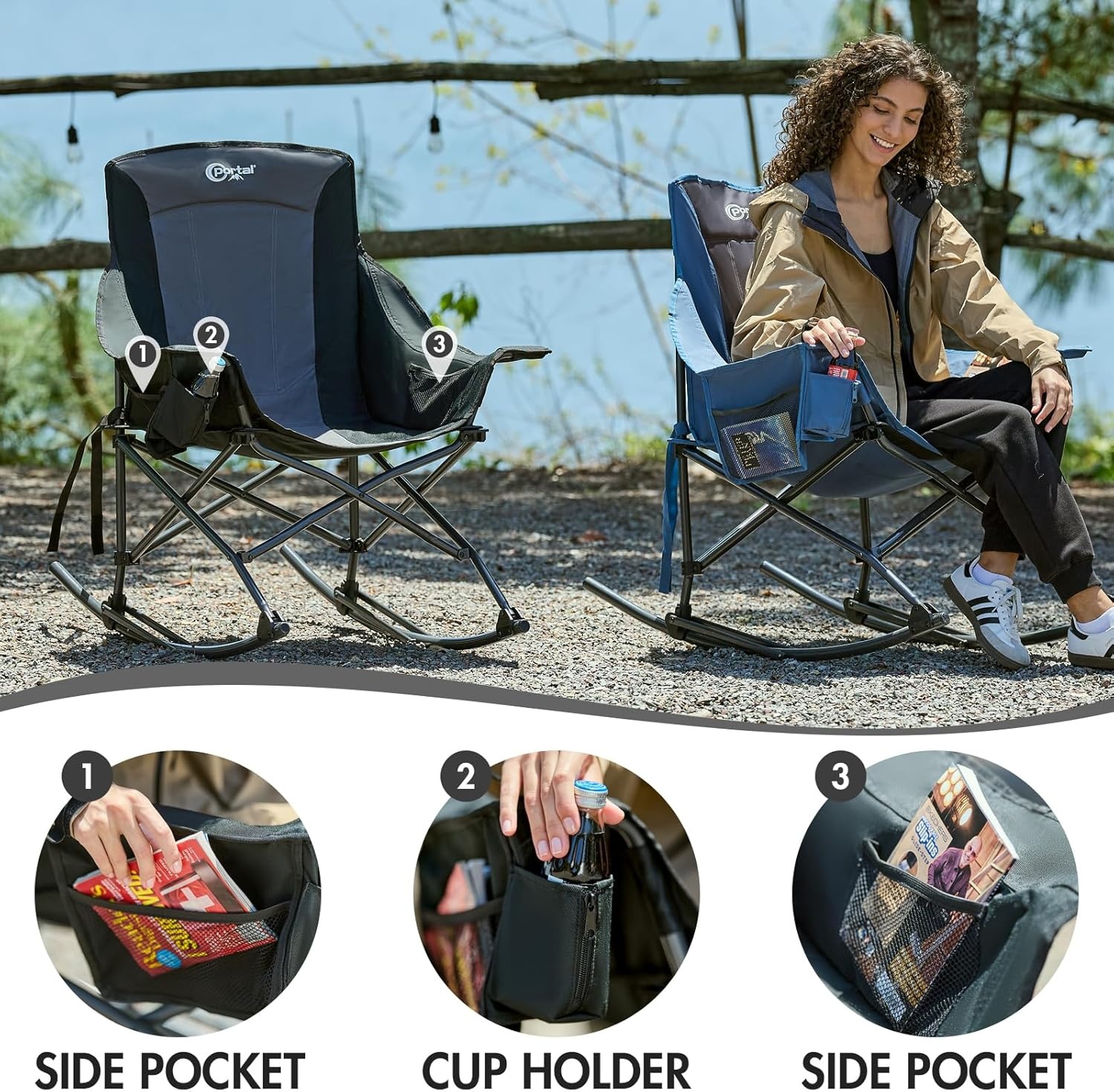 image:imagePortal Camping Rocking Chair Outdoors Folding Portable Rocker with Cup Holder Side Pocket Carry Bag Support 350LBS Black1 Packblackfabric