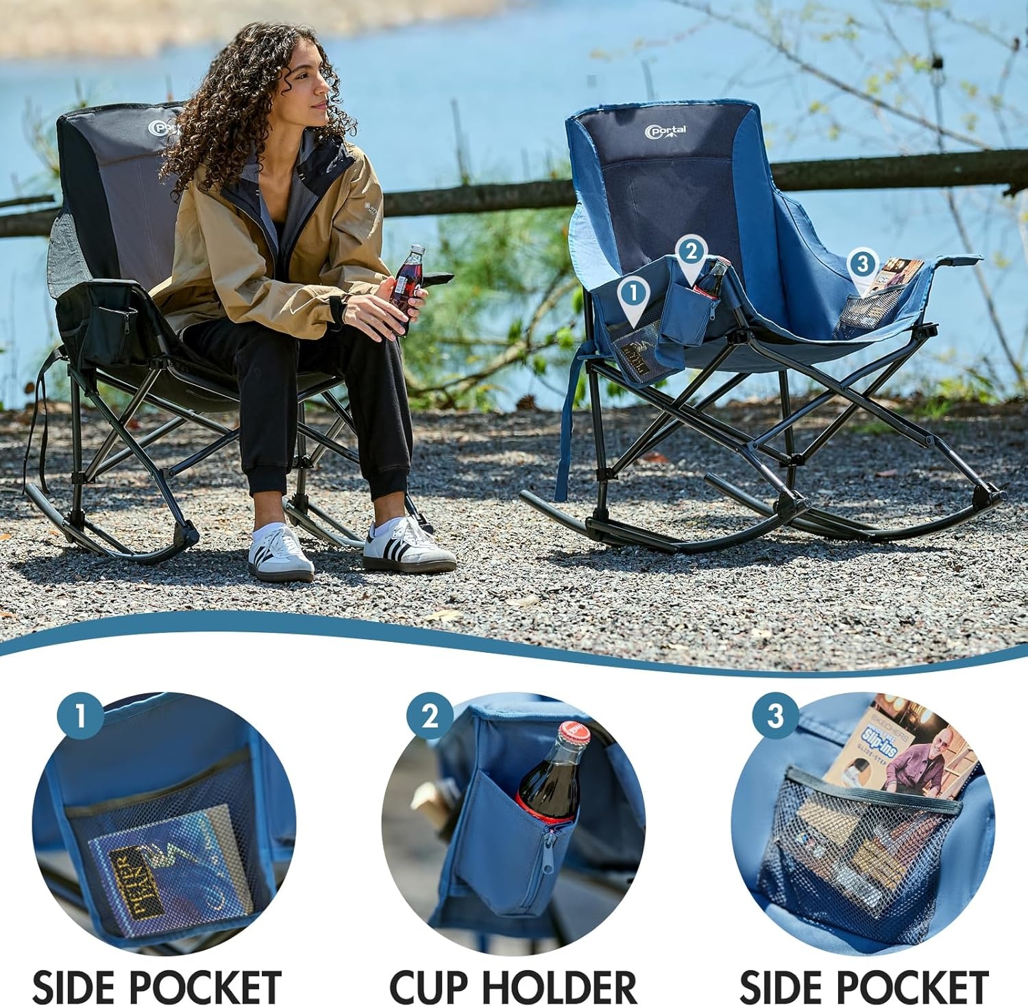 image:imagePortal Camping Rocking Chair Outdoors Folding Portable Rocker with Cup Holder Side Pocket Carry Bag Support 350LBS Black1 Packbluefabric