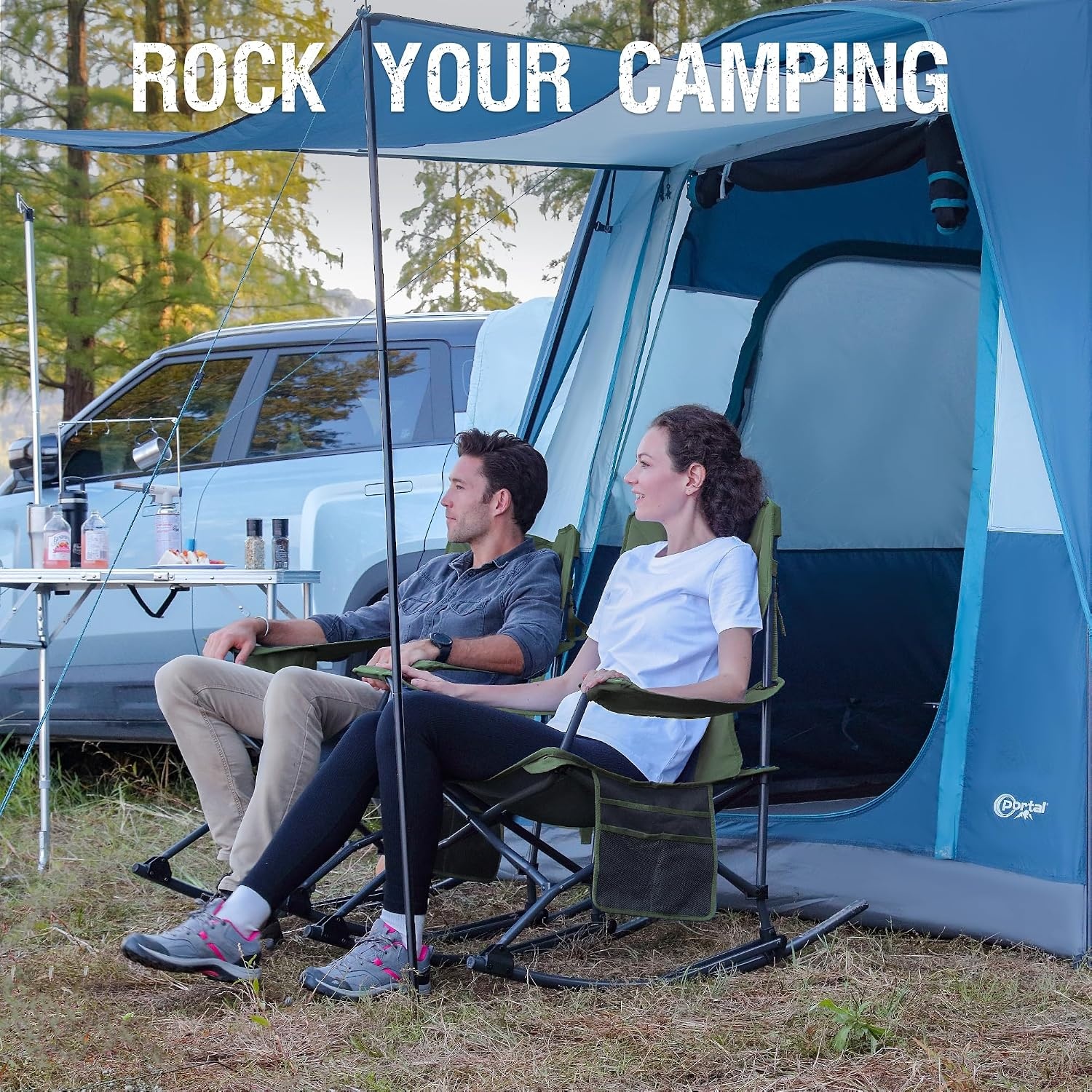 image:imagePortal Camping Rocking Chair Outdoors Folding Portable Rocker with Cup Holder Side Pocket Carry Bag Support 350LBS Black1 Packgreenfabric