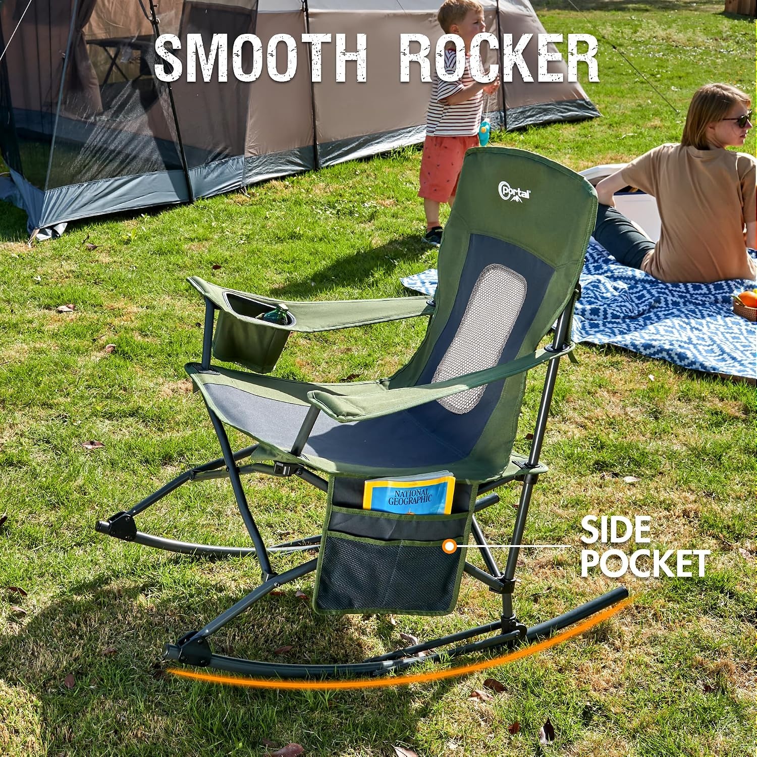 image:imagePortal Camping Rocking Chair Outdoors Folding Portable Rocker with Cup Holder Side Pocket Carry Bag Support 350LBS Black1 Packgreenmesh
