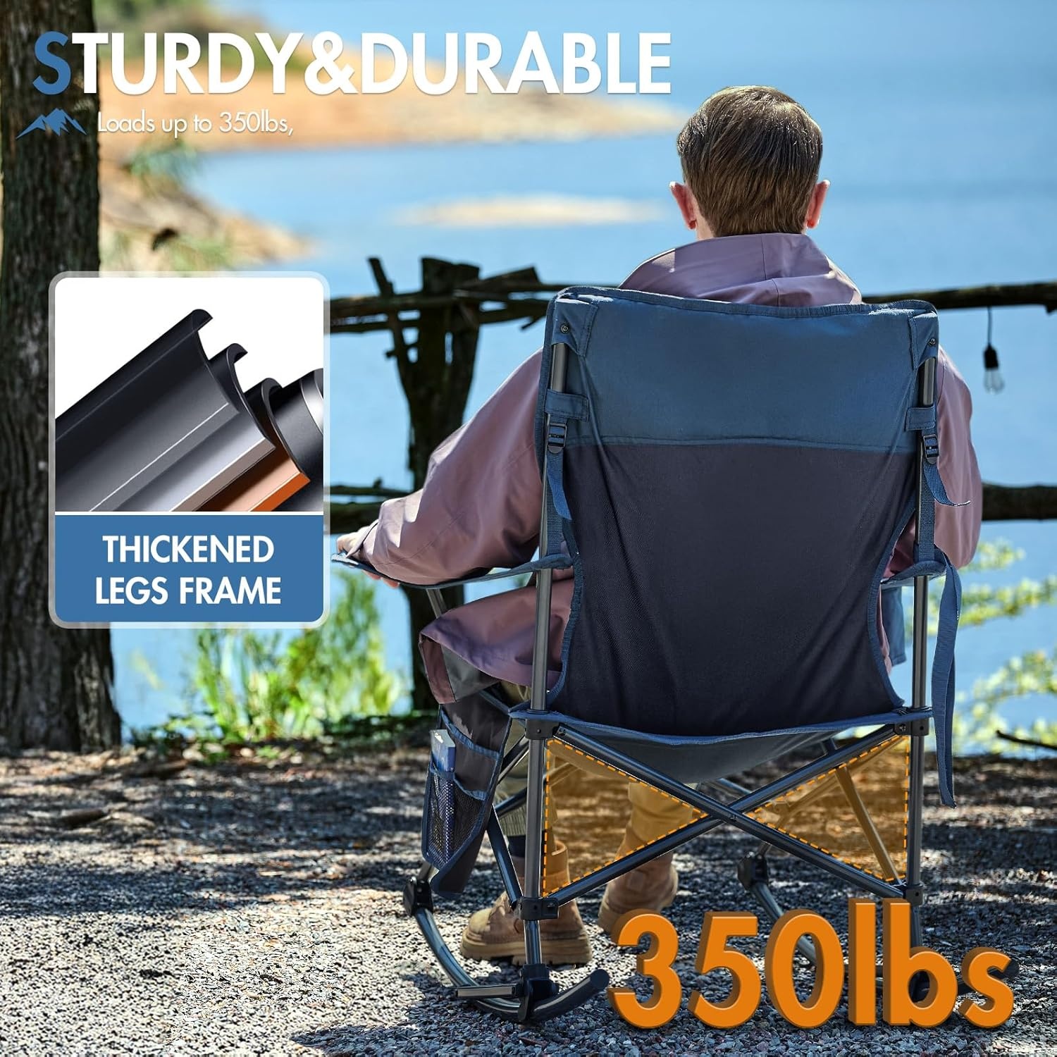 image:imagePortal Camping Rocking Chair Outdoors Folding Portable Rocker with Cup Holder Side Pocket Carry Bag Support 350LBS Black1 Packmidnight Bluefabric