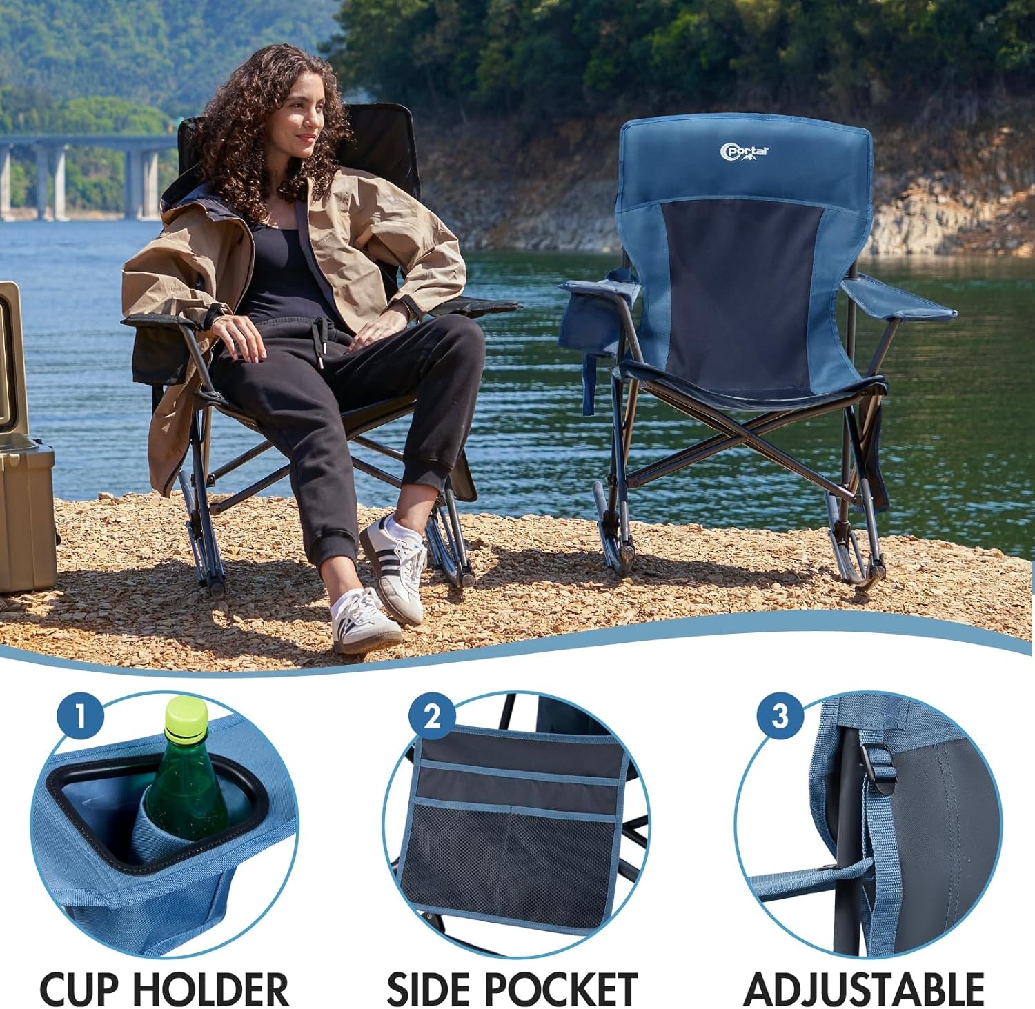 image:imagePortal Camping Rocking Chair Outdoors Folding Portable Rocker with Cup Holder Side Pocket Carry Bag Support 350LBS Black1 Packmidnight Bluefabric