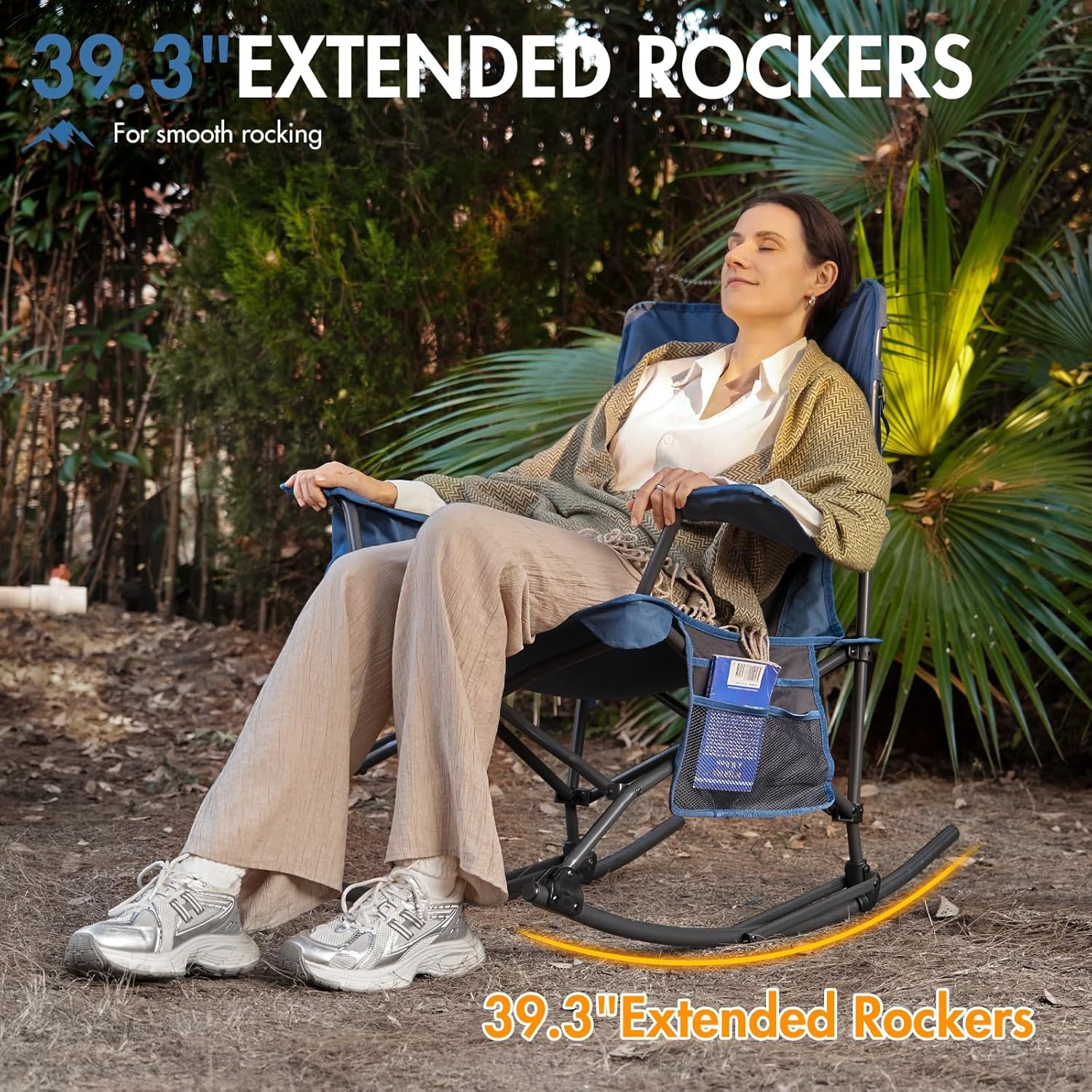 image:imagePortal Camping Rocking Chair Outdoors Folding Portable Rocker with Cup Holder Side Pocket Carry Bag Support 350LBS Black1 Packmidnight Bluemesh