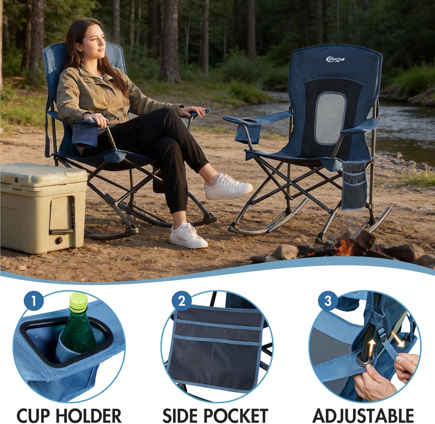 image:imagePortal Camping Rocking Chair Outdoors Folding Portable Rocker with Cup Holder Side Pocket Carry Bag Support 350LBS Black1 Packmidnight Bluemesh