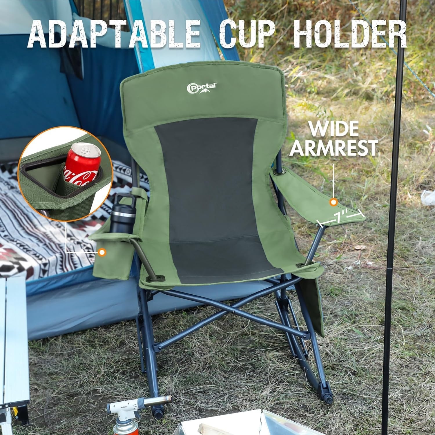image:imagePortal Camping Rocking Chair Outdoors Folding Portable Rocker with Cup Holder Side Pocket Carry Bag Support 350LBS Black2 Packgreenfabric