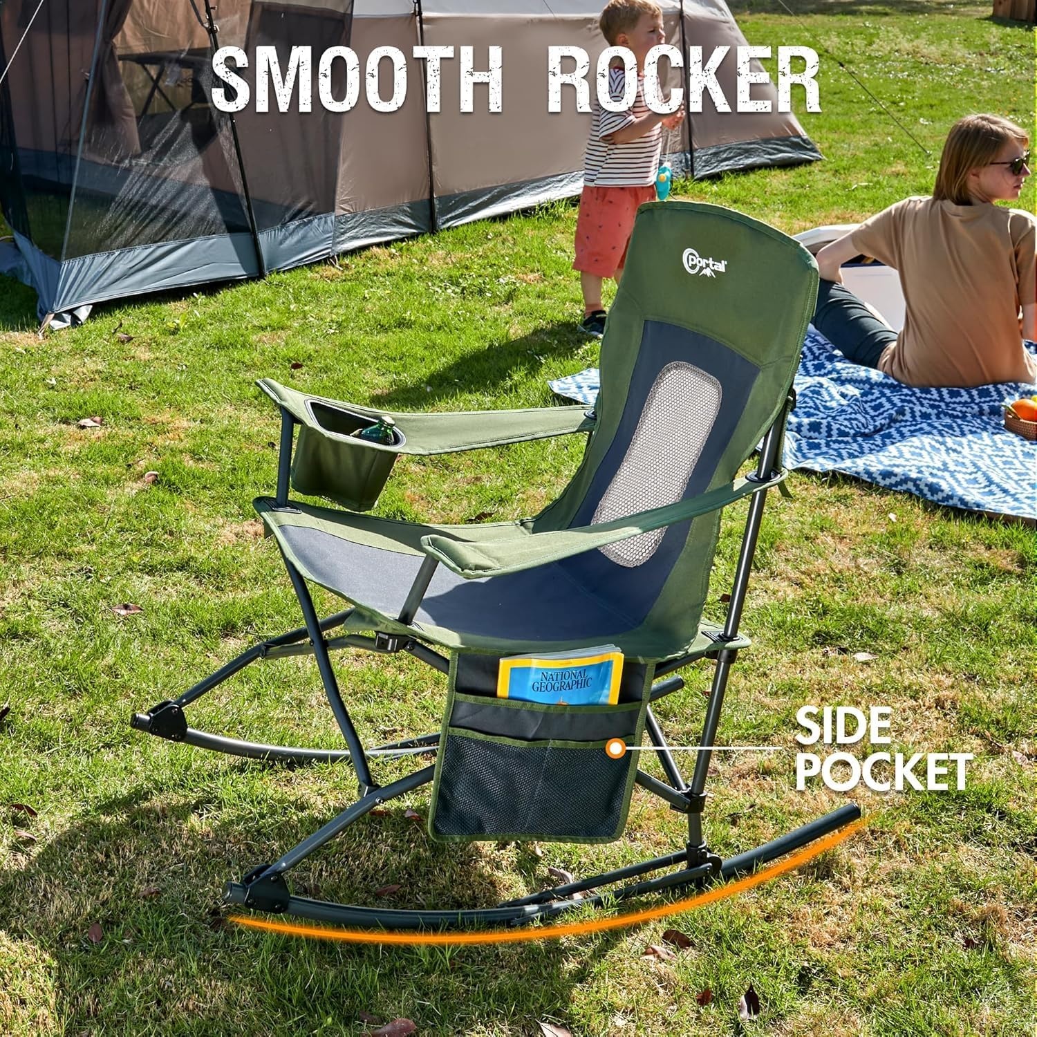 image:imagePortal Camping Rocking Chair Outdoors Folding Portable Rocker with Cup Holder Side Pocket Carry Bag Support 350LBS Black2 Packgreenmesh