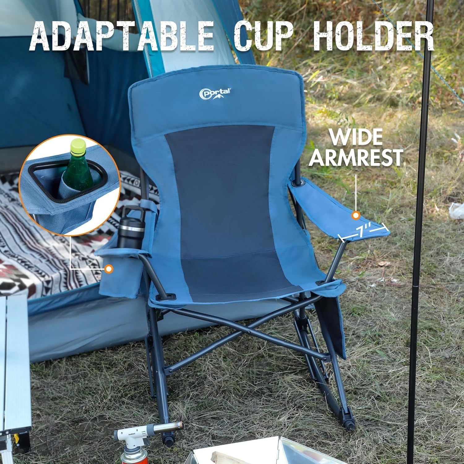 image:imagePortal Camping Rocking Chair Outdoors Folding Portable Rocker with Cup Holder Side Pocket Carry Bag Support 350LBS Black2 Packmidnight Blue