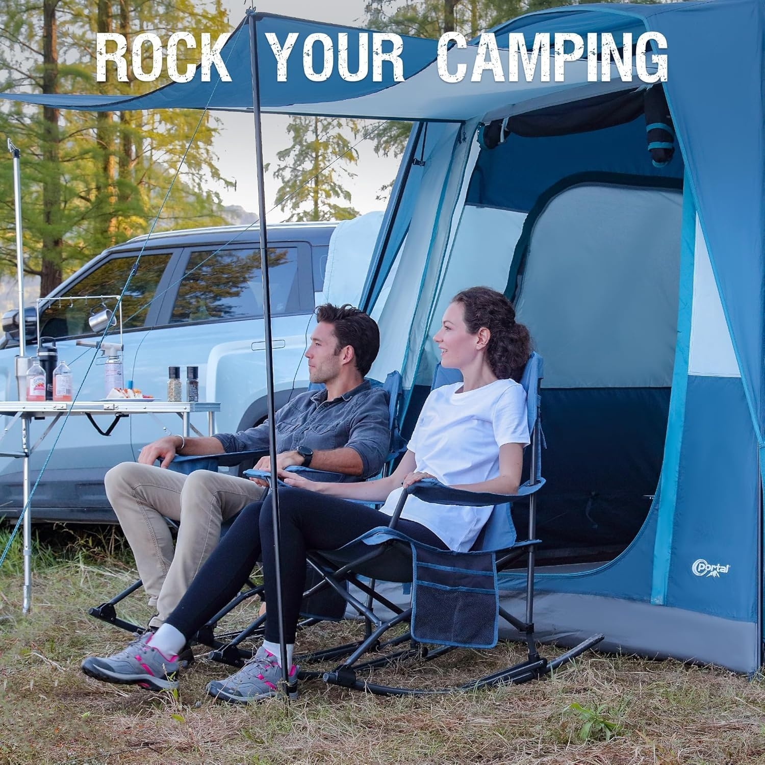 image:imagePortal Camping Rocking Chair Outdoors Folding Portable Rocker with Cup Holder Side Pocket Carry Bag Support 350LBS Black2 Packmidnight Blue