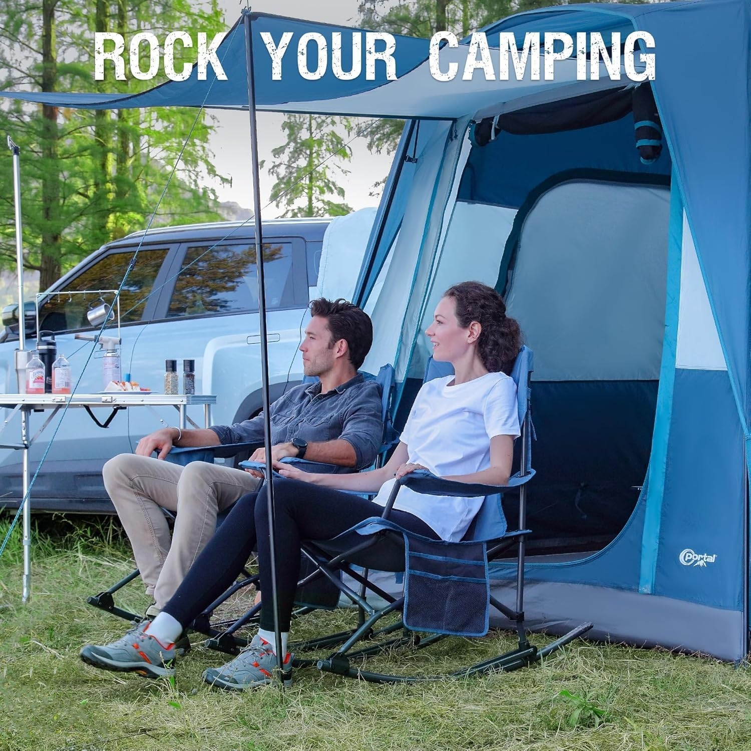 image:imagePortal Camping Rocking Chair Outdoors Folding Portable Rocker with Cup Holder Side Pocket Carry Bag Support 350LBS Black2 Packmidnight Bluemesh