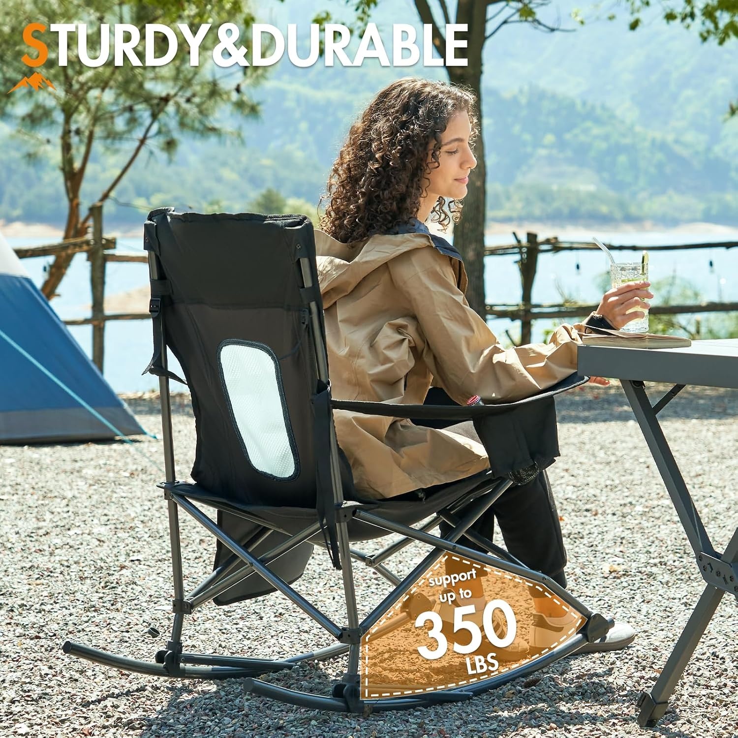 image:imagePortal Camping Rocking Chair Outdoors Folding Portable Rocker with Cup Holder Side Pocket Carry Bag Support 350LBS BlackBlack