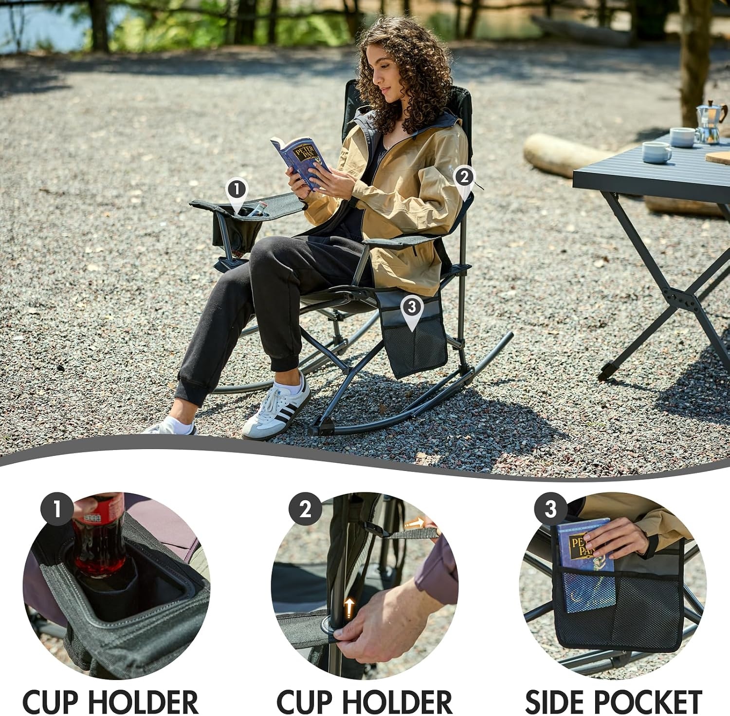 image:imagePortal Camping Rocking Chair Outdoors Folding Portable Rocker with Cup Holder Side Pocket Carry Bag Support 350LBS BlackBlack