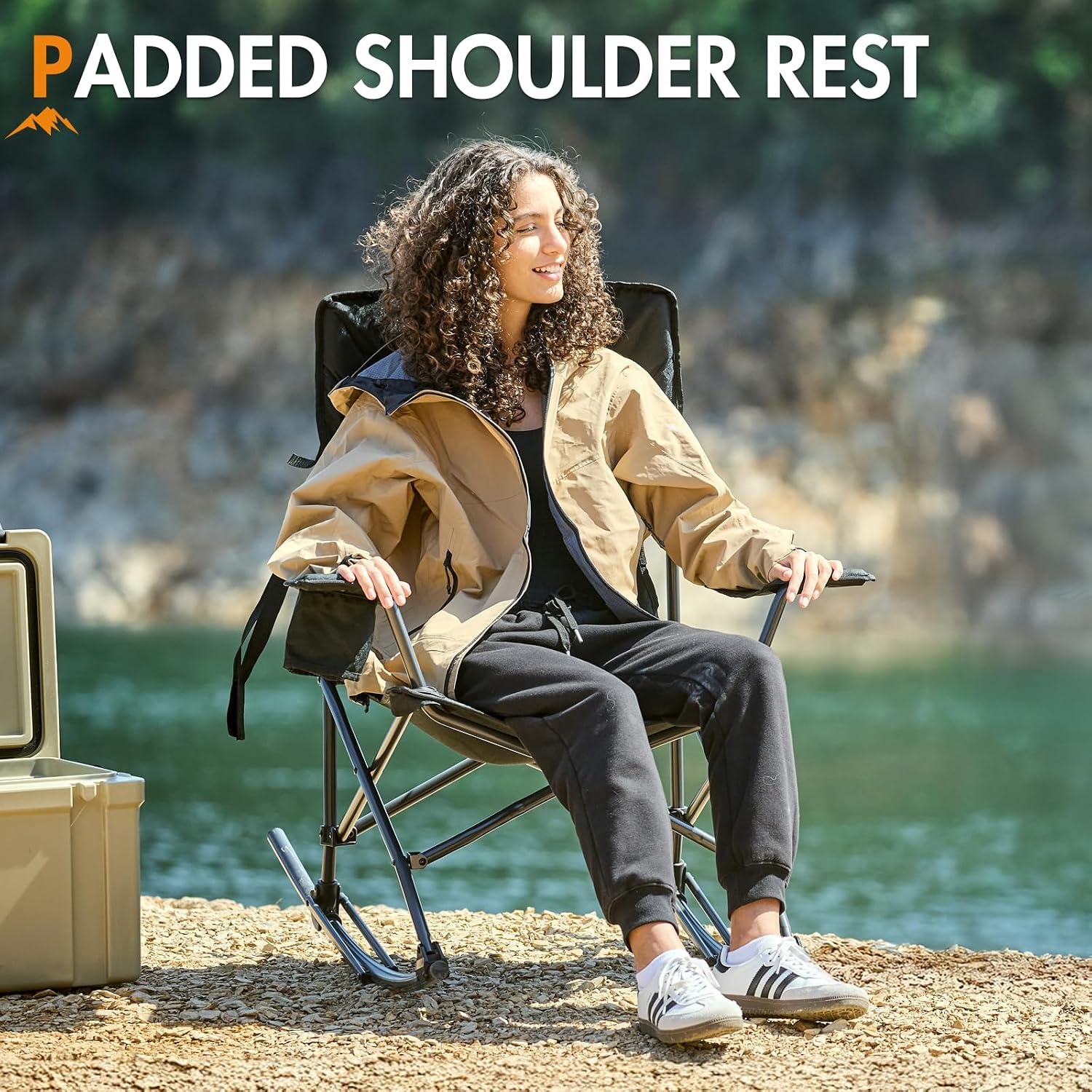 image:imagePortal Camping Rocking Chair Outdoors Folding Portable Rocker with Cup Holder Side Pocket Carry Bag Support 350LBS BlackMidnight Black
