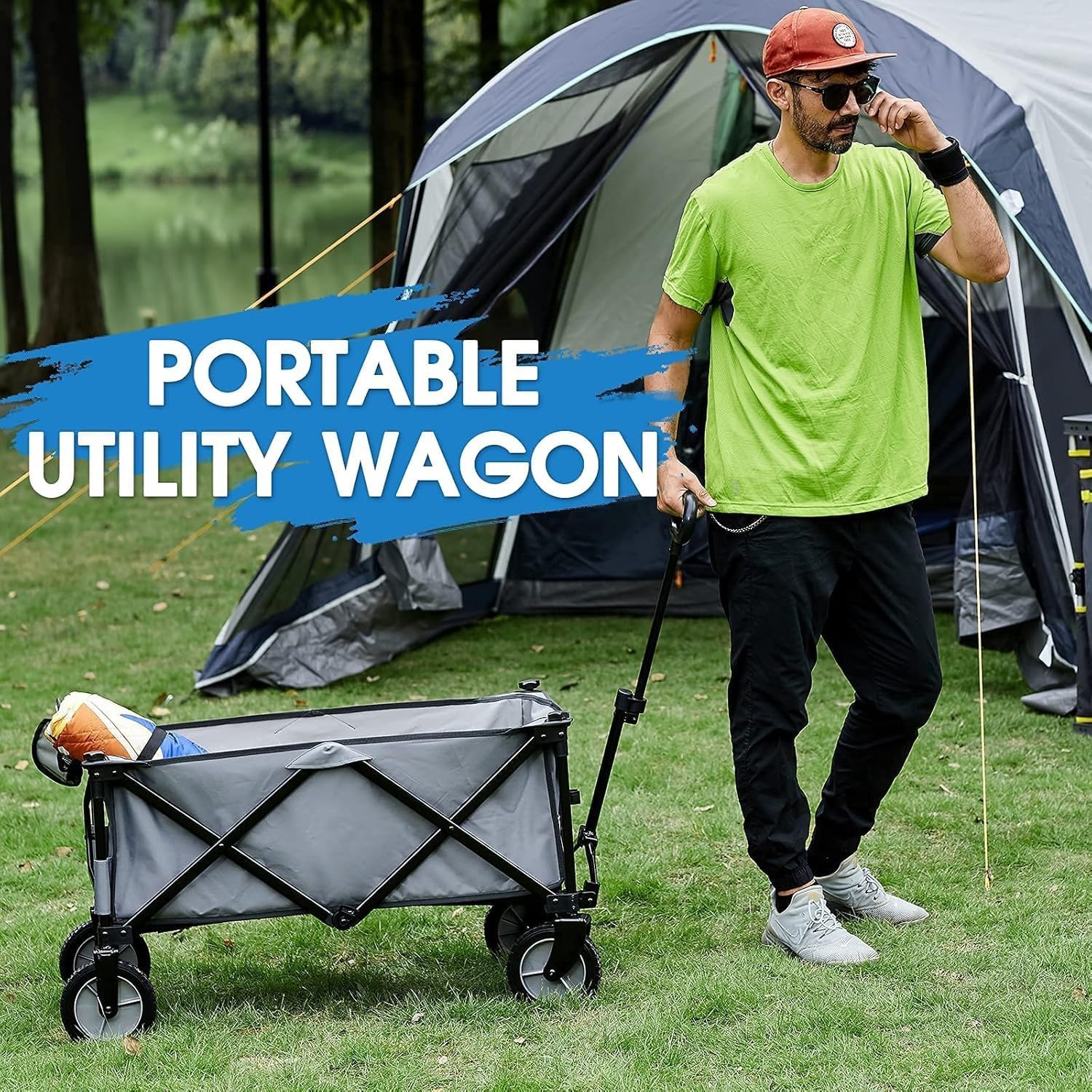 image:imagePortal Collapsible Wagon Cart Heavy Duty Foldable Wagons Carts with Wheels Folding Utility Wagon for Camping Shopping Garden Sports Beach