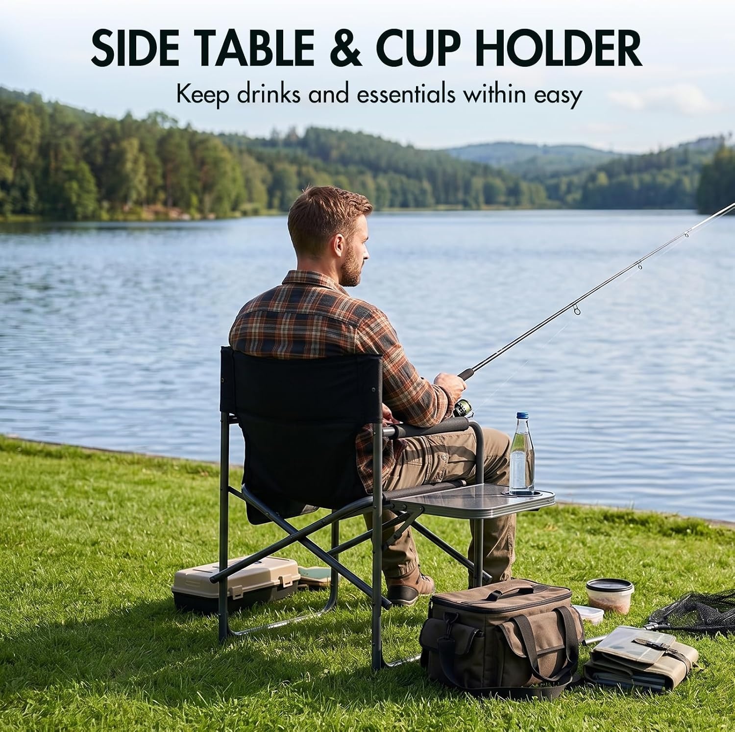 image:imagePortal Directors Chair Camping Chairs for Adults with Side Table Folding Lawn Chairs for Adults Directors Chairs Foldable for Outdoor Chairs for Beach Travel Heavy Duty Supports 300LBS BlueGreyBlack