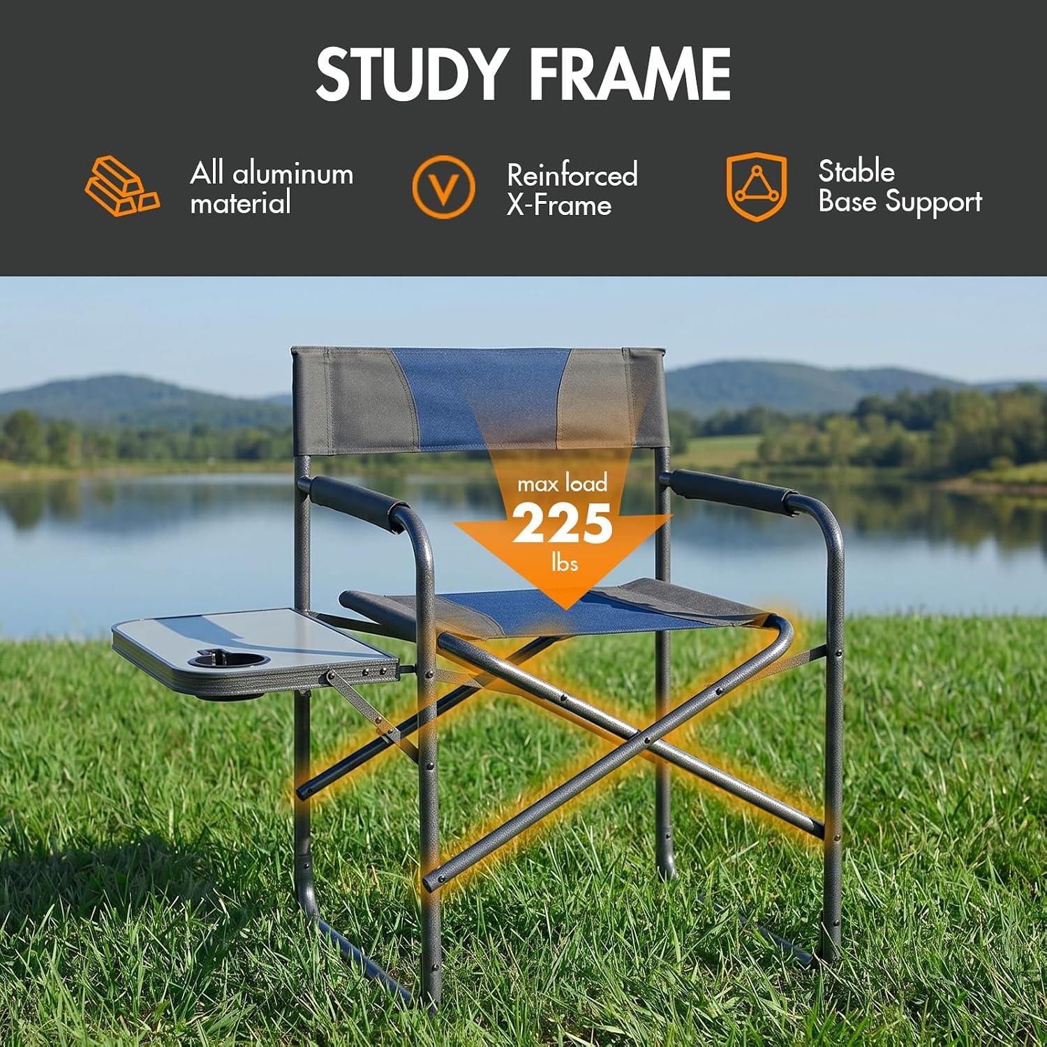 image:imagePortal Directors Chair Camping Chairs for Adults with Side Table Folding Lawn Chairs for Adults Directors Chairs Foldable for Outdoor Chairs for Beach Travel Heavy Duty Supports 300LBS BlueGreyDark Blue