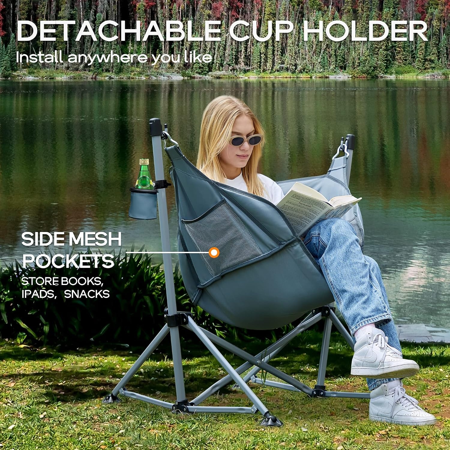 image:imagePortal Hammock Camping Chair Folding Rocking Chair Portable Swinging Chair with Cup Holder for Outdoor Lawn Backyard Patio Car Camp Sports ConcertsSupport 350 lbs Blue1 Packgrey