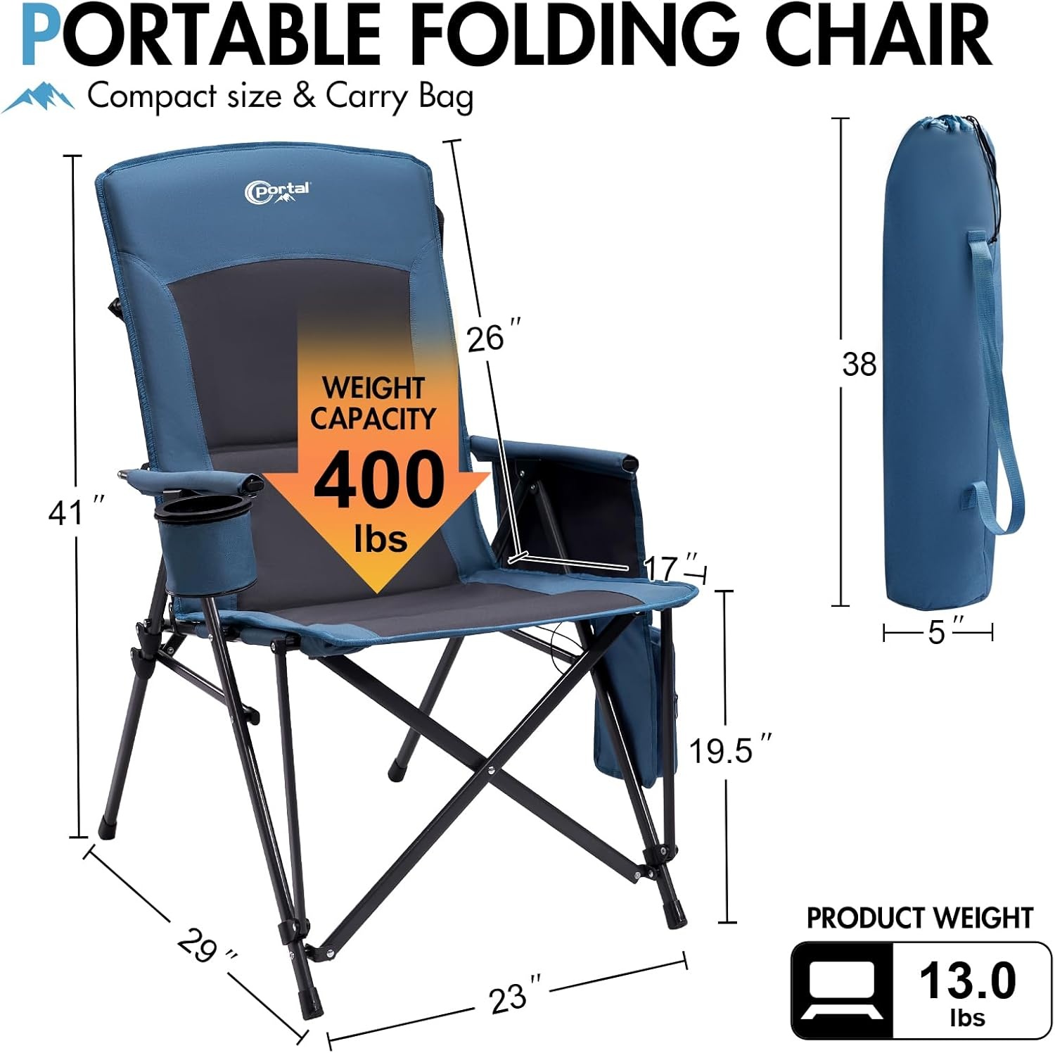 image:imagePortal Oversized Folding High Back Portable Lawn Chairs for Adults Outdoor Camp Sports Hunting Fishing Backyard with Hard Armrest Cup Holder Carrying Strap Supports 400LBS BlueBlue