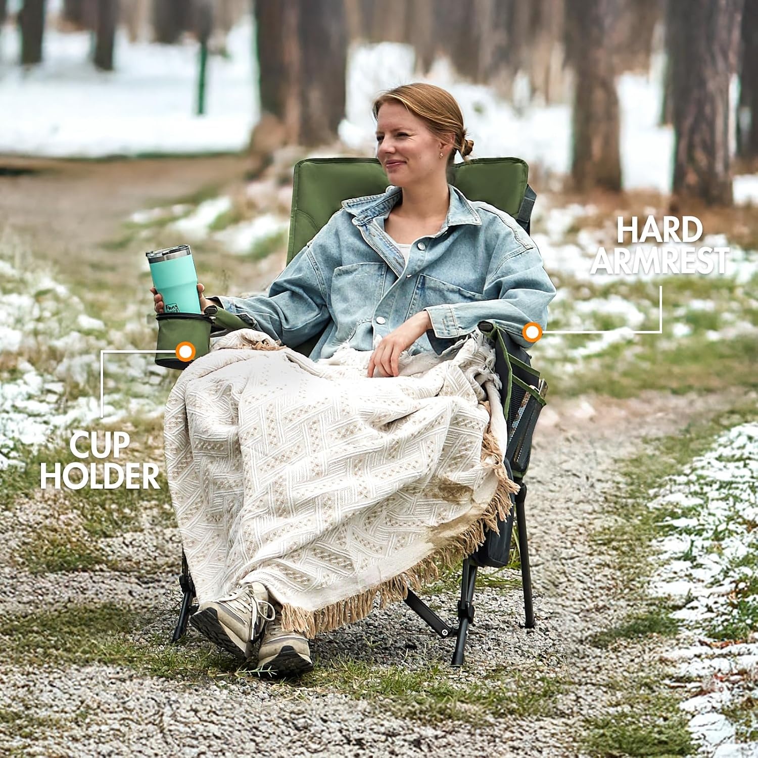 image:imagePortal Oversized Folding High Back Portable Lawn Chairs for Adults Outdoor Camp Sports Hunting Fishing Backyard with Hard Armrest Cup Holder Carrying Strap Supports 400LBS BlueGreen