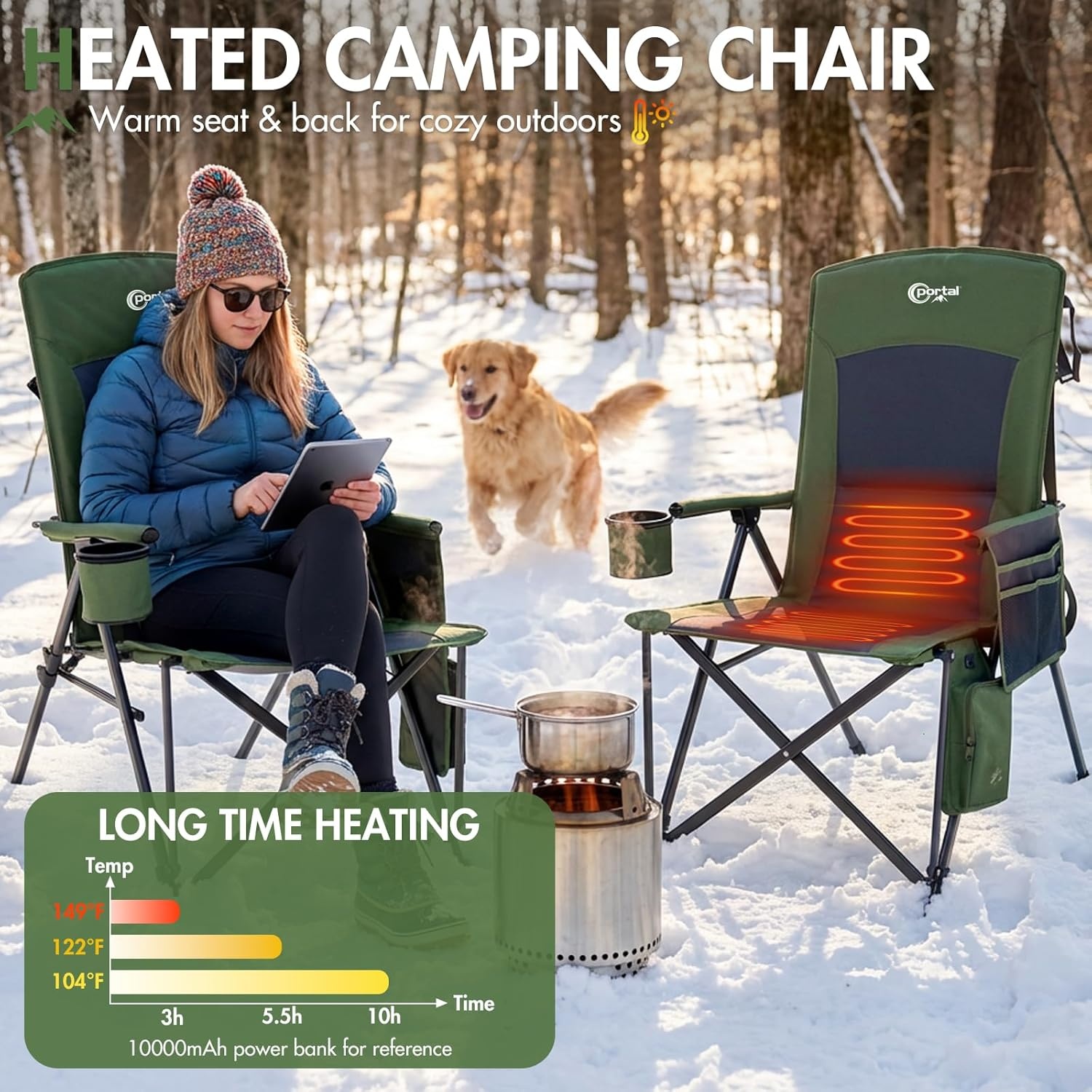 image:imagePortal Oversized Folding High Back Portable Lawn Chairs for Adults Outdoor Camp Sports Hunting Fishing Backyard with Hard Armrest Cup Holder Carrying Strap Supports 400LBS BlueGreen