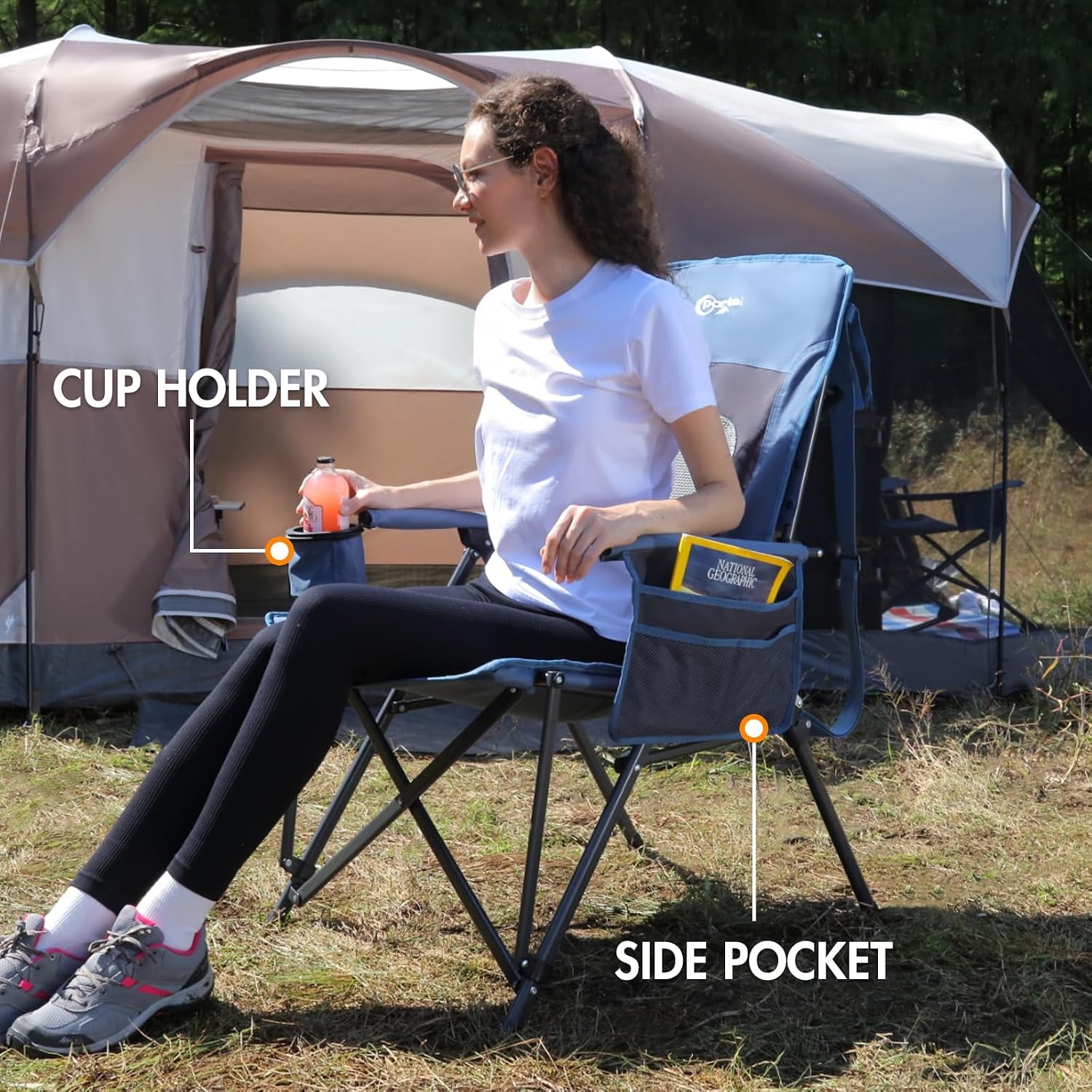 image:imagePortal Oversized Folding High Back Portable Lawn Chairs for Adults Outdoor Camp Sports Hunting Fishing Backyard with Hard Armrest Cup Holder Carrying Strap Supports 400LBS BlueBlue 2 Packs