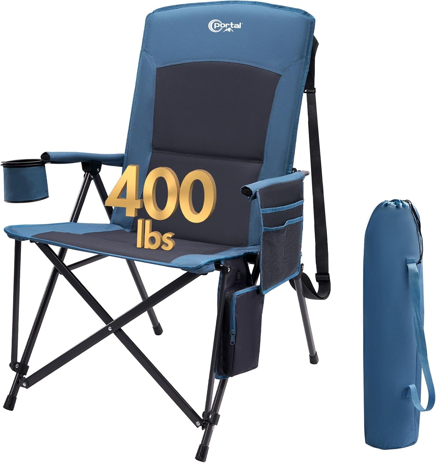 image:imagePortal Oversized Folding High Back Portable Lawn Chairs for Adults Outdoor Camp Sports Hunting Fishing Backyard with Hard Armrest Cup Holder Carrying Strap Supports 400LBS BlueBlue