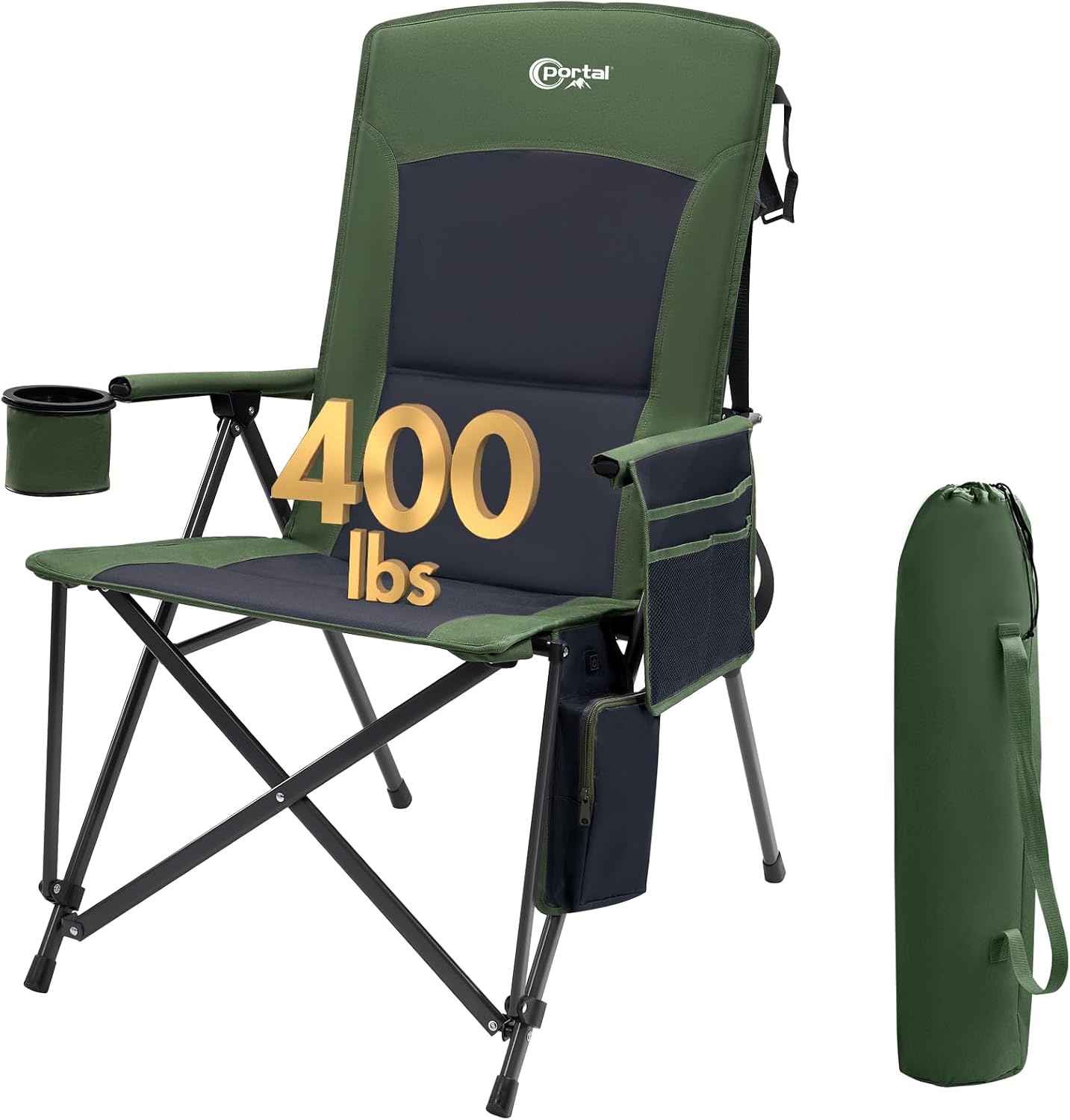 image:imagePortal Oversized Folding High Back Portable Lawn Chairs for Adults Outdoor Camp Sports Hunting Fishing Backyard with Hard Armrest Cup Holder Carrying Strap Supports 400LBS BlueGreen