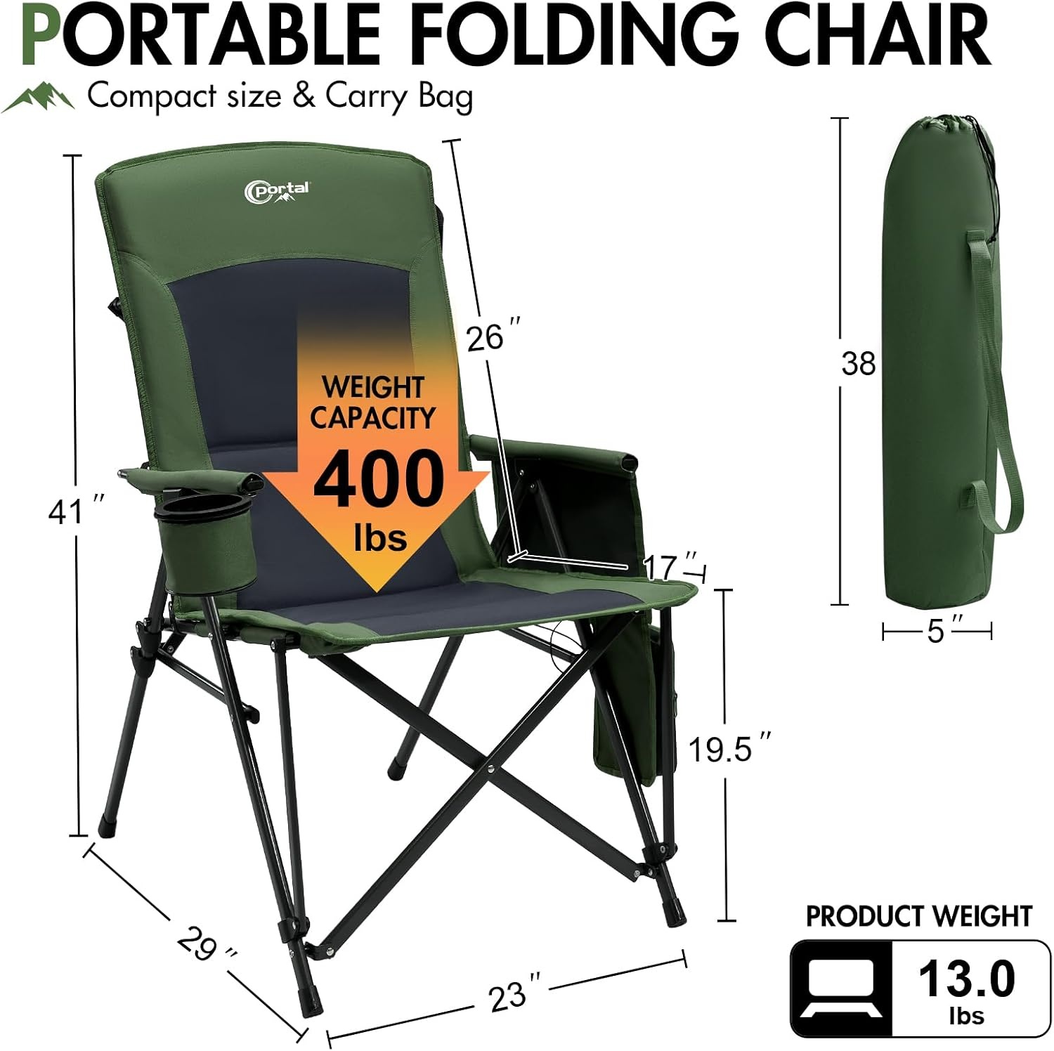 image:imagePortal Oversized Folding High Back Portable Lawn Chairs for Adults Outdoor Camp Sports Hunting Fishing Backyard with Hard Armrest Cup Holder Carrying Strap Supports 400LBS BlueGreen