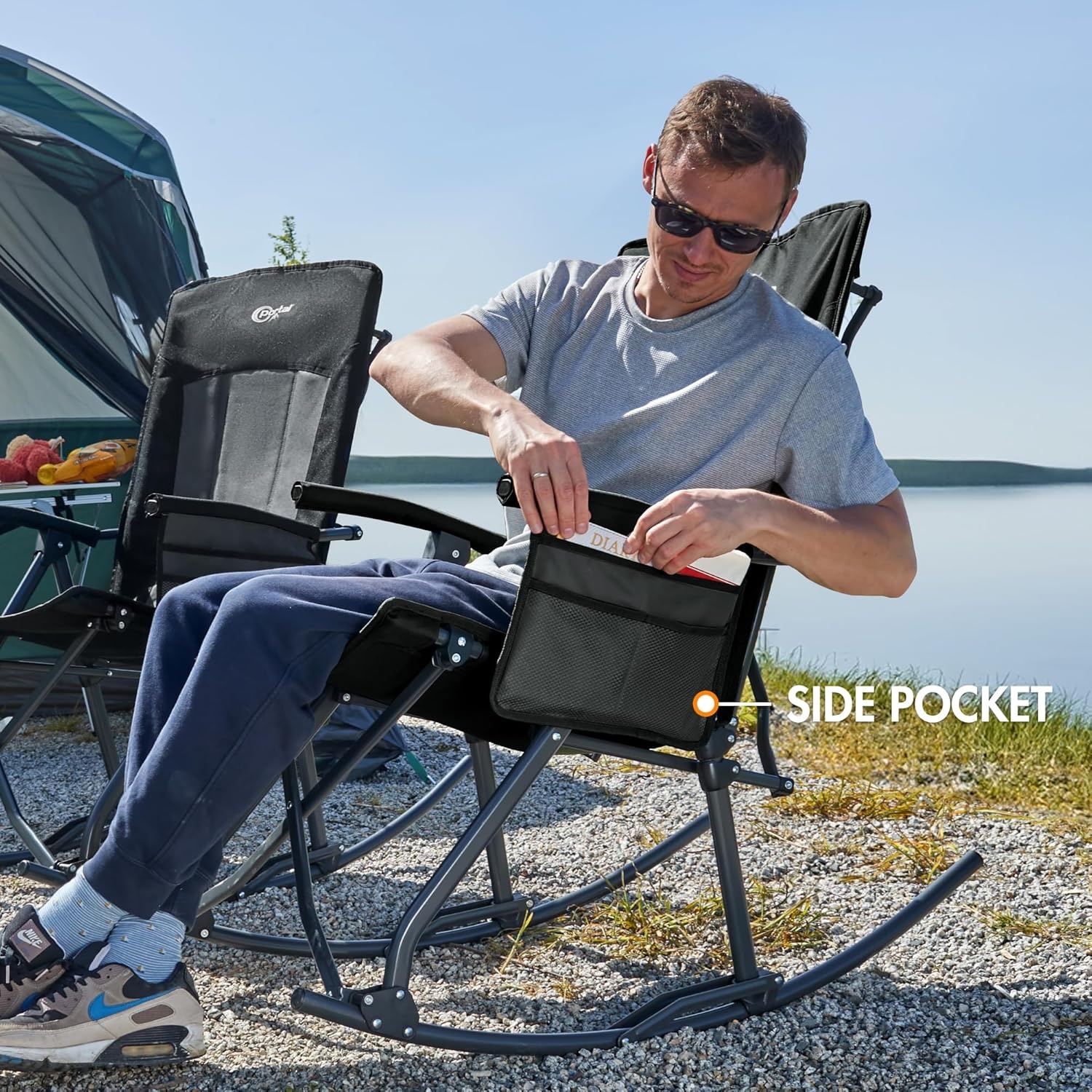 image:imagePortal Oversized Folding Rocking Camping Chair Portable Outdoor Rocker with High Back Hard Armrests Carry Bag Supports 400 lbs1pfabric Black