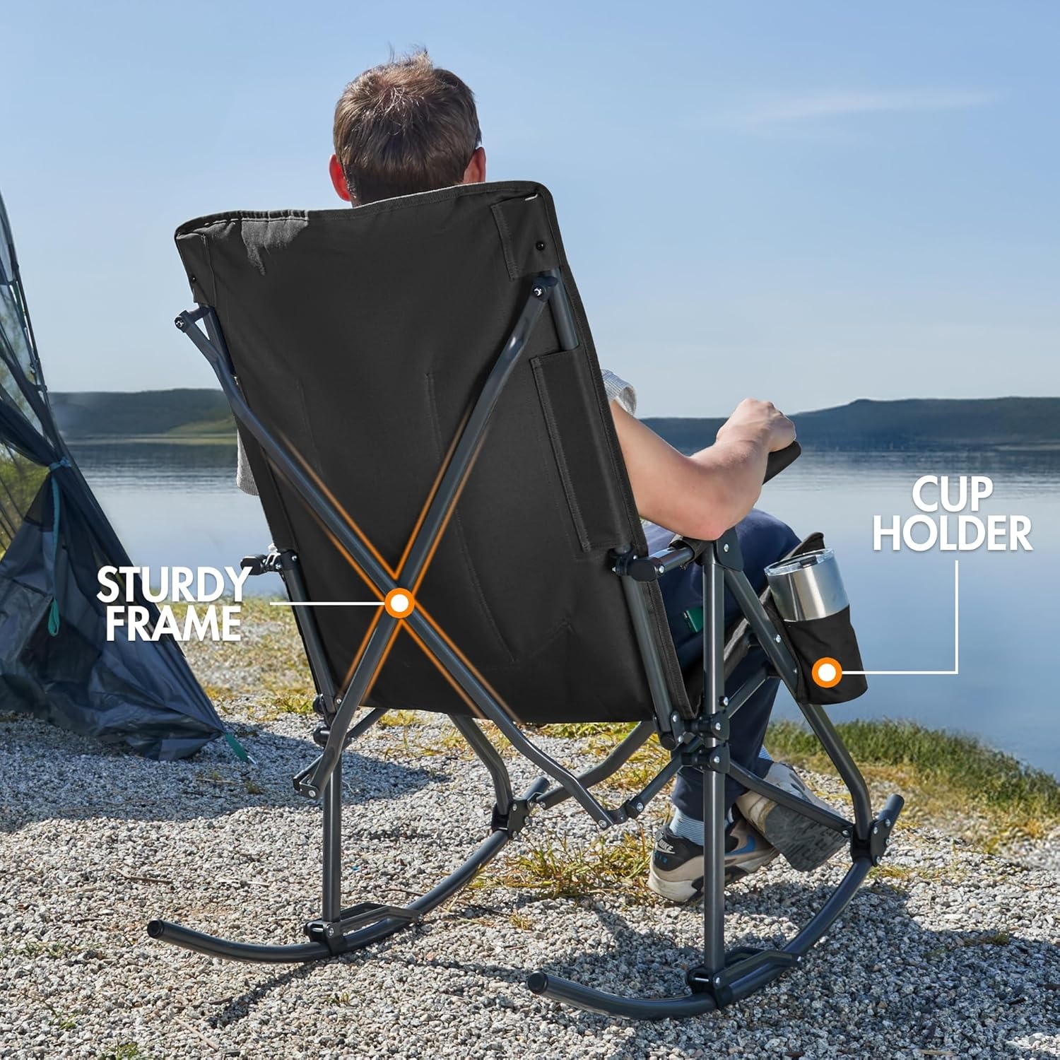 image:imagePortal Oversized Folding Rocking Camping Chair Portable Outdoor Rocker with High Back Hard Armrests Carry Bag Supports 400 lbs1pfabric Black