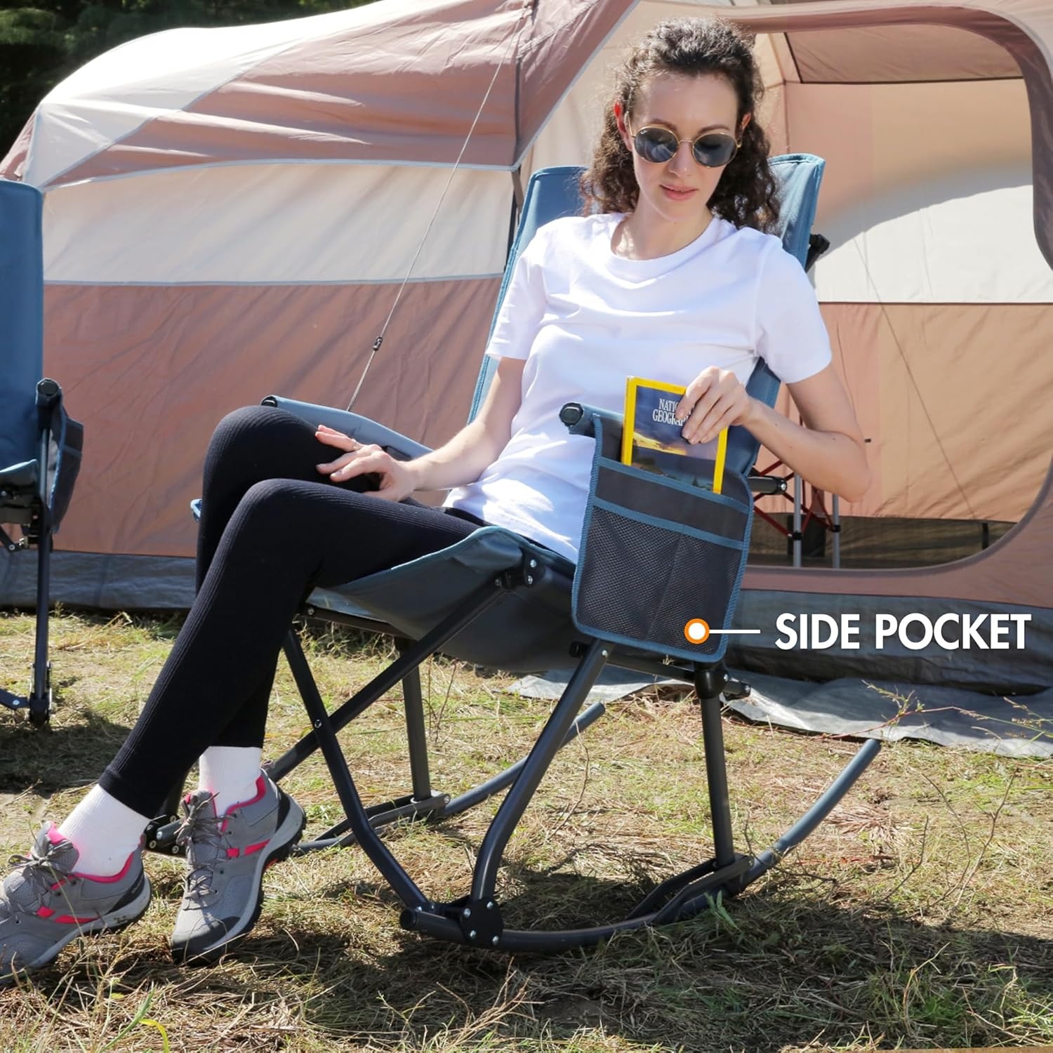 image:imagePortal Oversized Folding Rocking Camping Chair Portable Outdoor Rocker with High Back Hard Armrests Carry Bag Supports 400 lbs1pfabric Blue