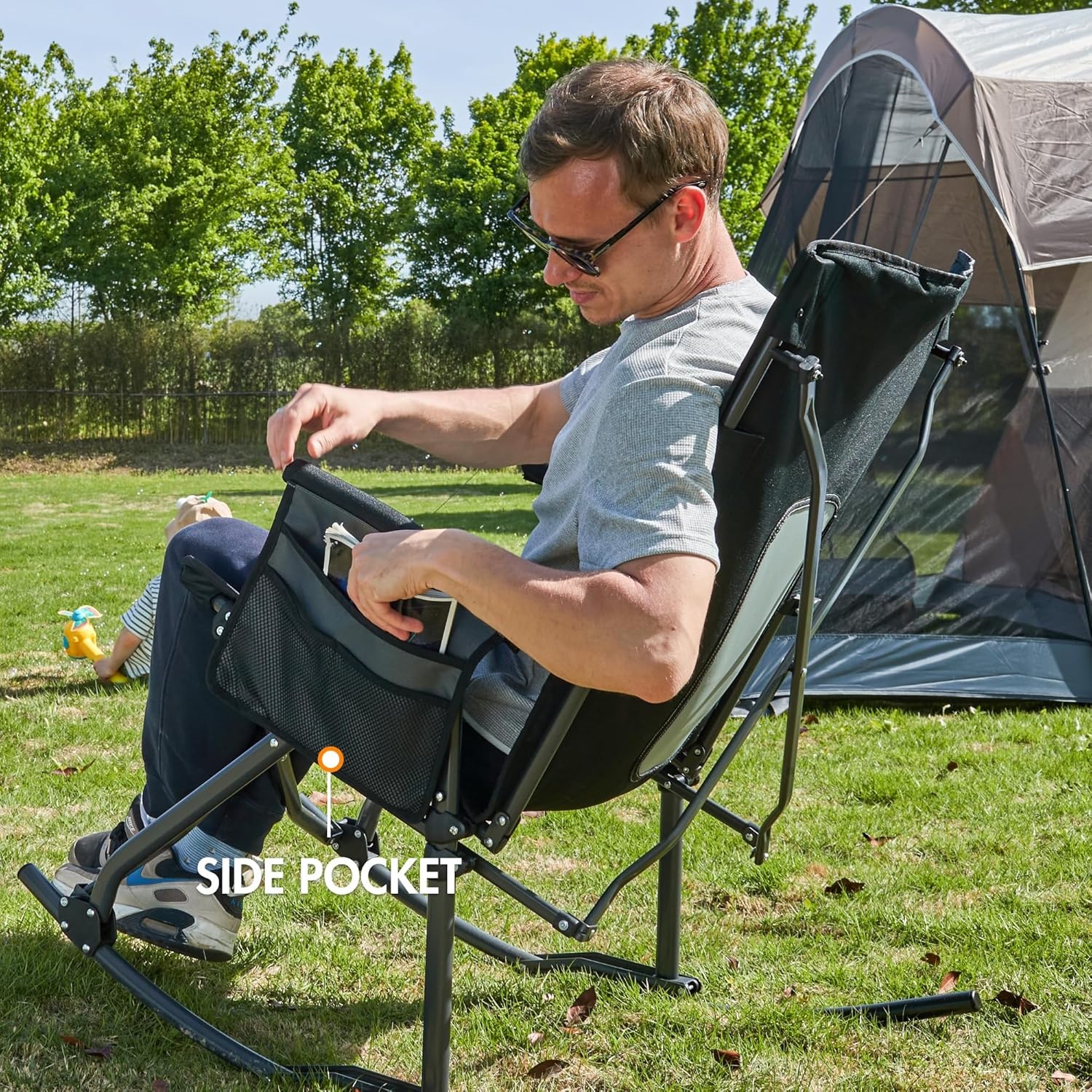 image:imagePortal Oversized Folding Rocking Camping Chair Portable Outdoor Rocker with High Back Hard Armrests Carry Bag Supports 400 lbs1pmesh Black Grey