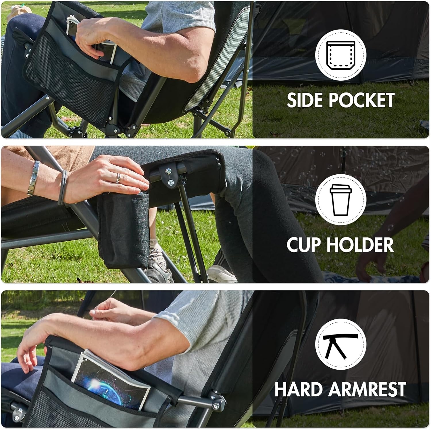 image:imagePortal Oversized Folding Rocking Camping Chair Portable Outdoor Rocker with High Back Hard Armrests Carry Bag Supports 400 lbs1pmesh Black Grey
