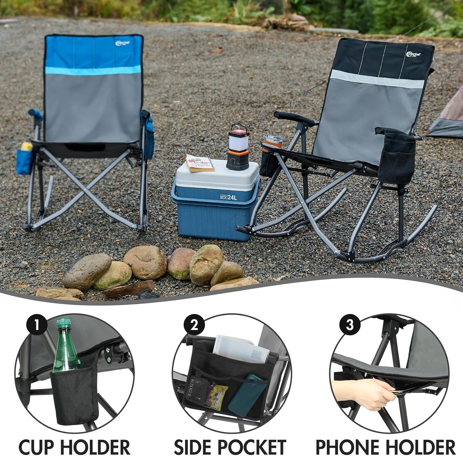 image:imagePortal Oversized Folding Rocking Camping Chair Portable Outdoor Rocker with High Back Hard Armrests Carry Bag Supports 400 lbs2 PackgreyBlack